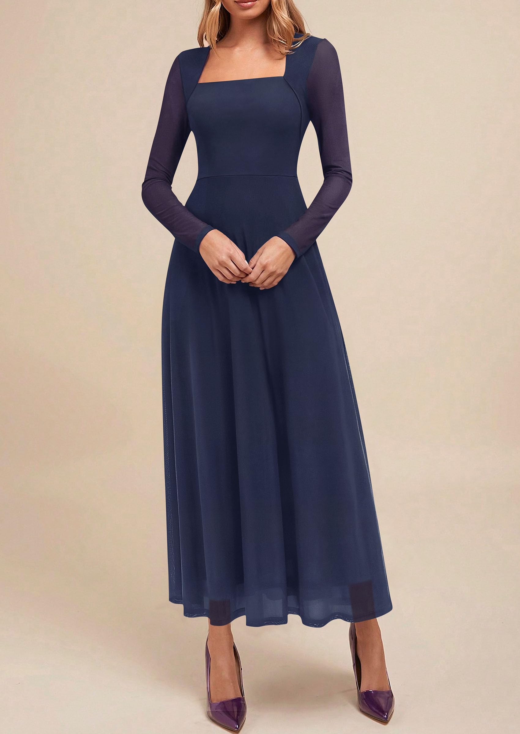 Women's Flowy Maxi Mesh Fall Cocktail Wedding Guest Dresses