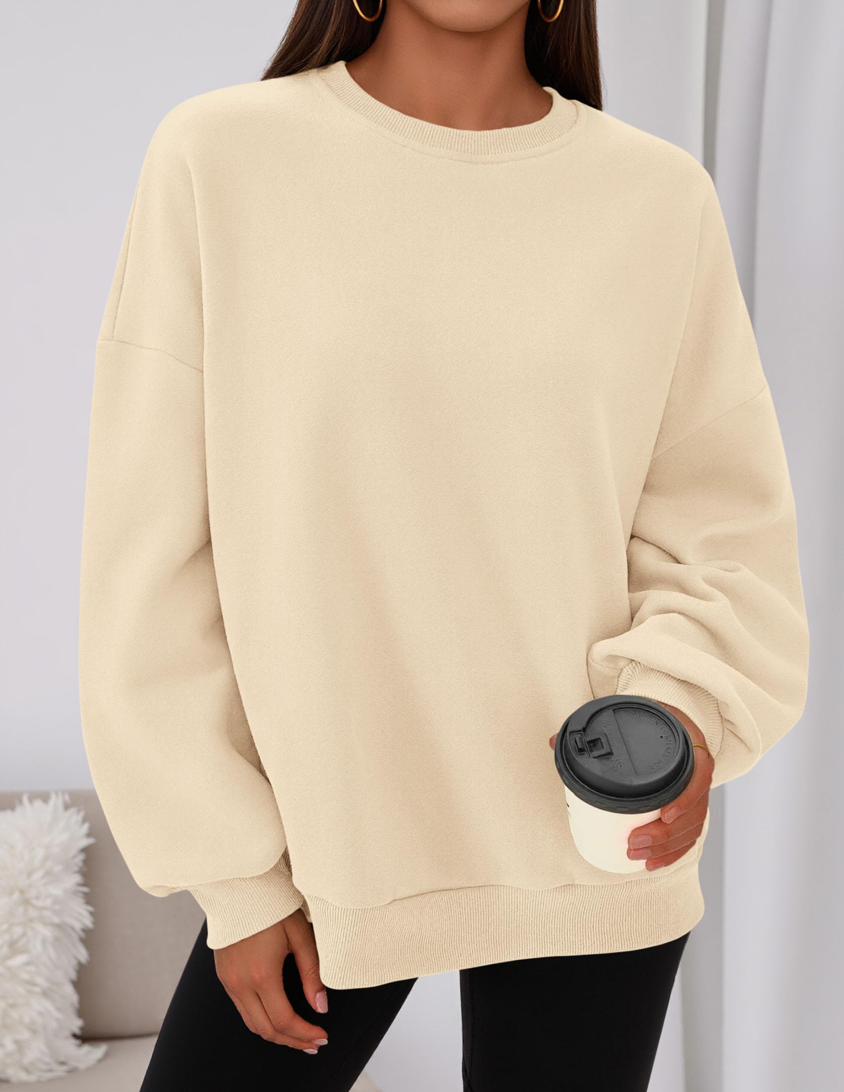 Womens Oversized Crewneck Sweatshirt 2026 Fall Outfits Beige
