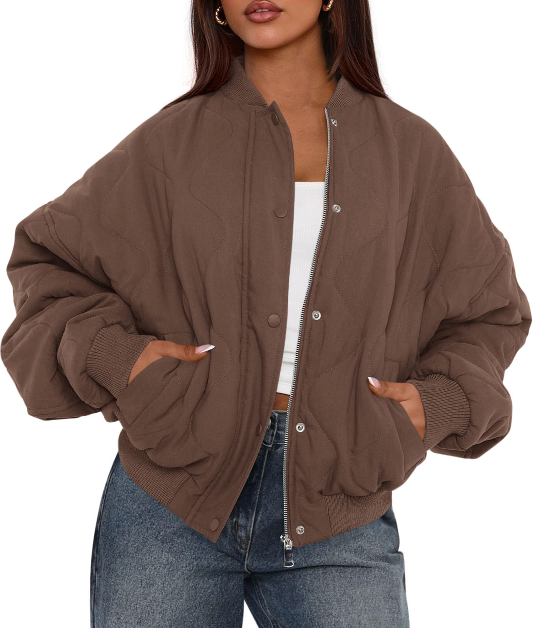 Women's Quilted Bomber Jacket Fall Fashion 2026 Lightweight Cropped Zip up Outerwear Winter Puffer Coats Pockets (Brown,Small)