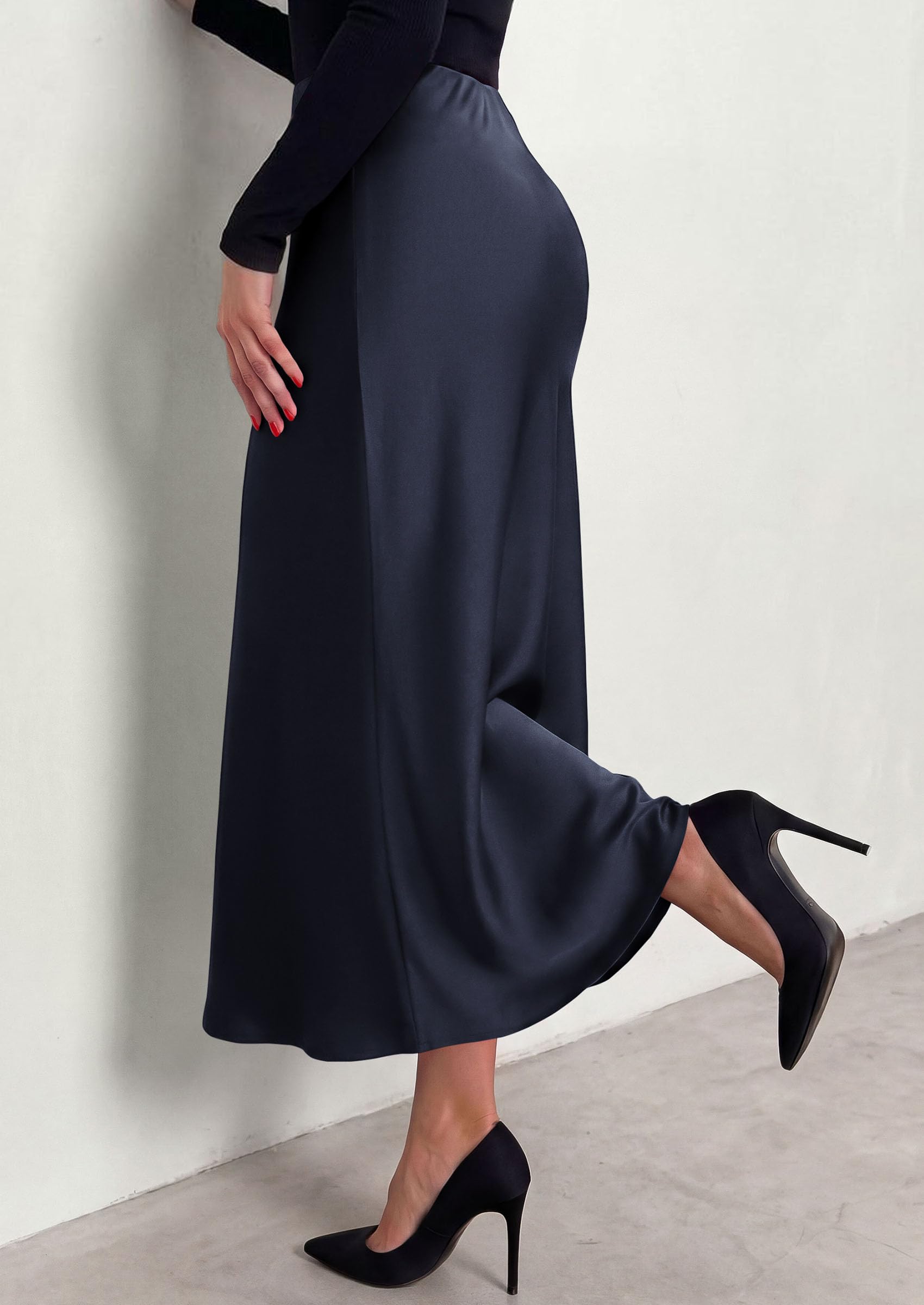 Women's Silk Satin Maxi Skirts Fall Clothes (Royal Blue,S)