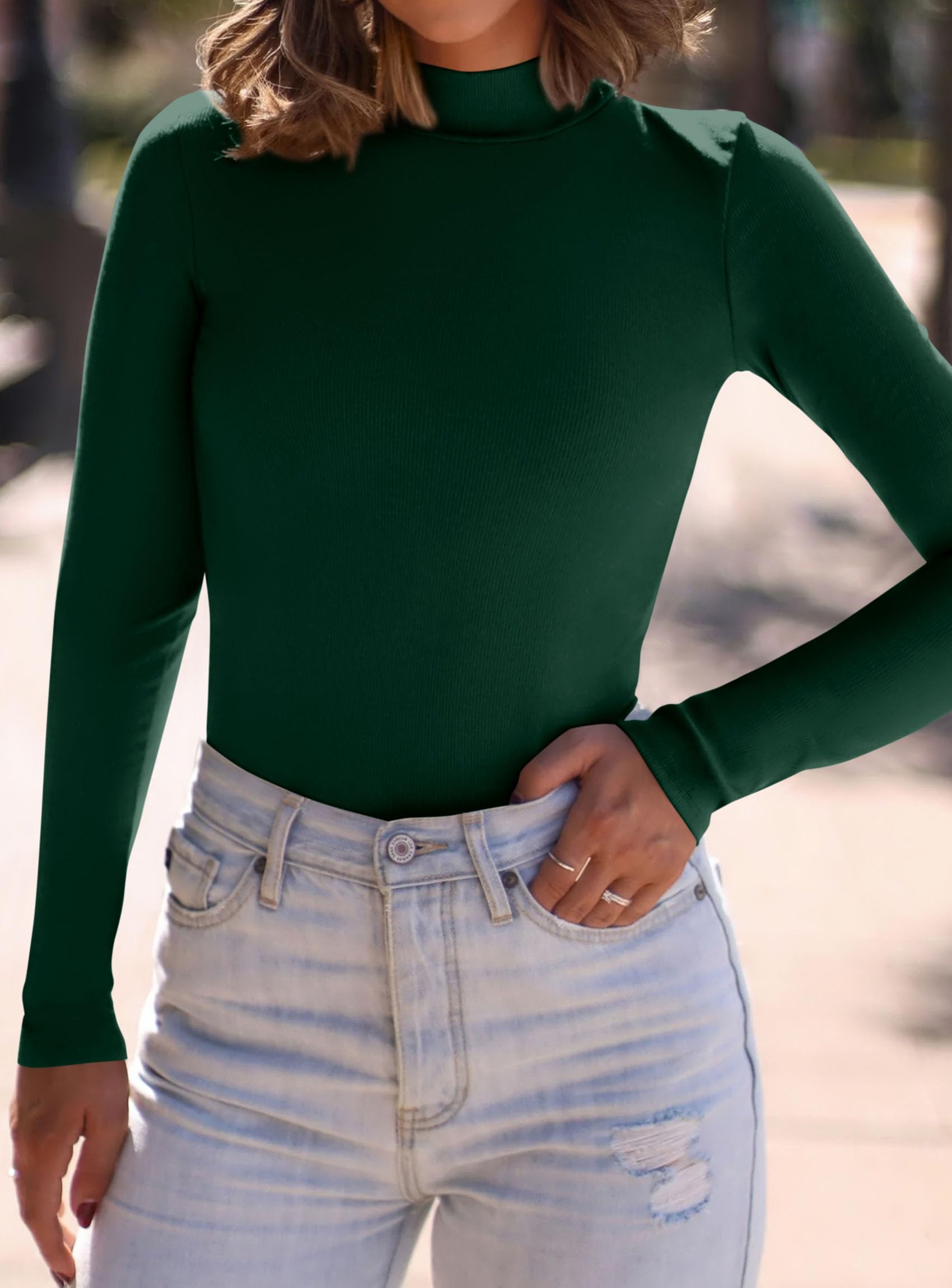 Womens Mock Turtleneck Fall Long Sleeve Shirts,Dark Green,XS