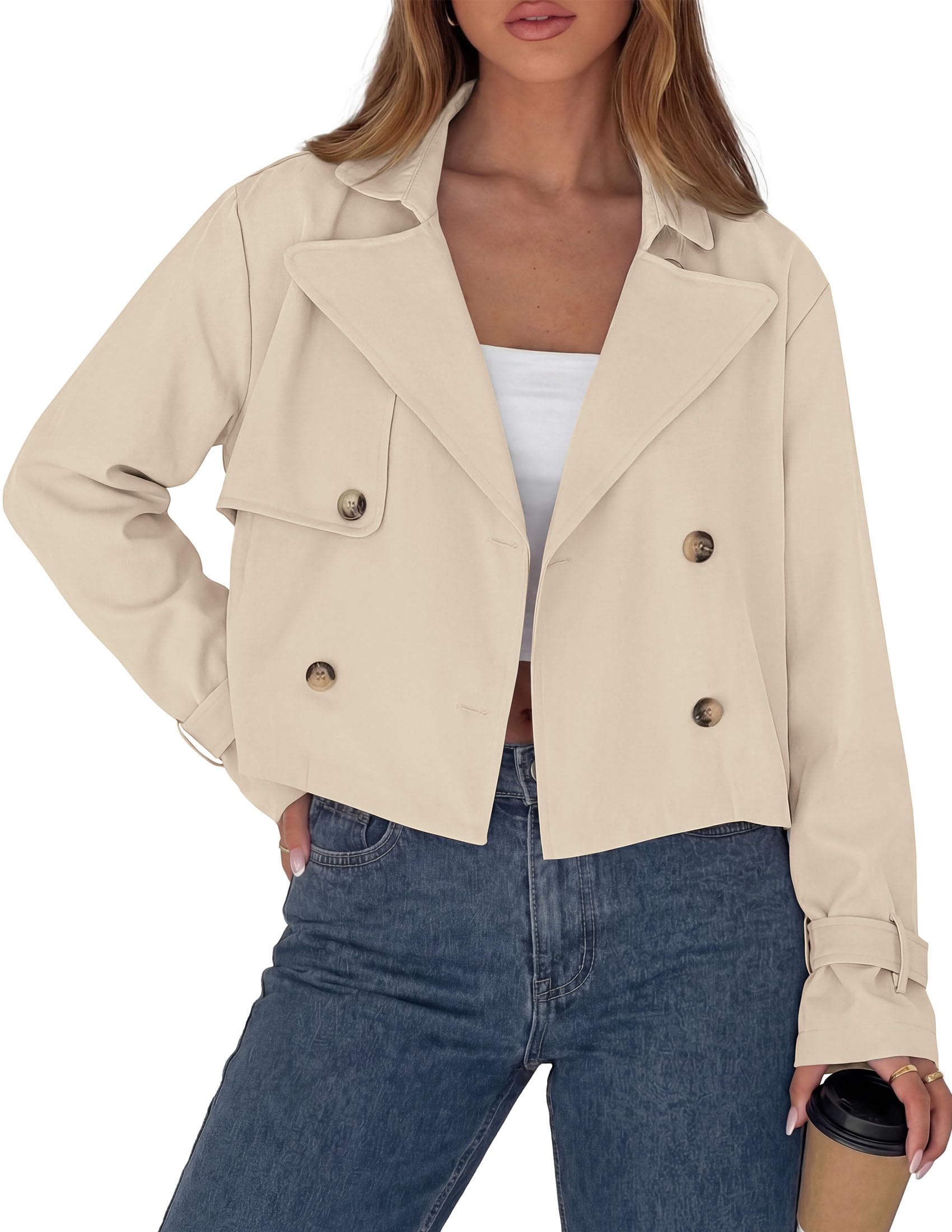 Cropped Trench Coat For Women Short Jacket,Beige,S
