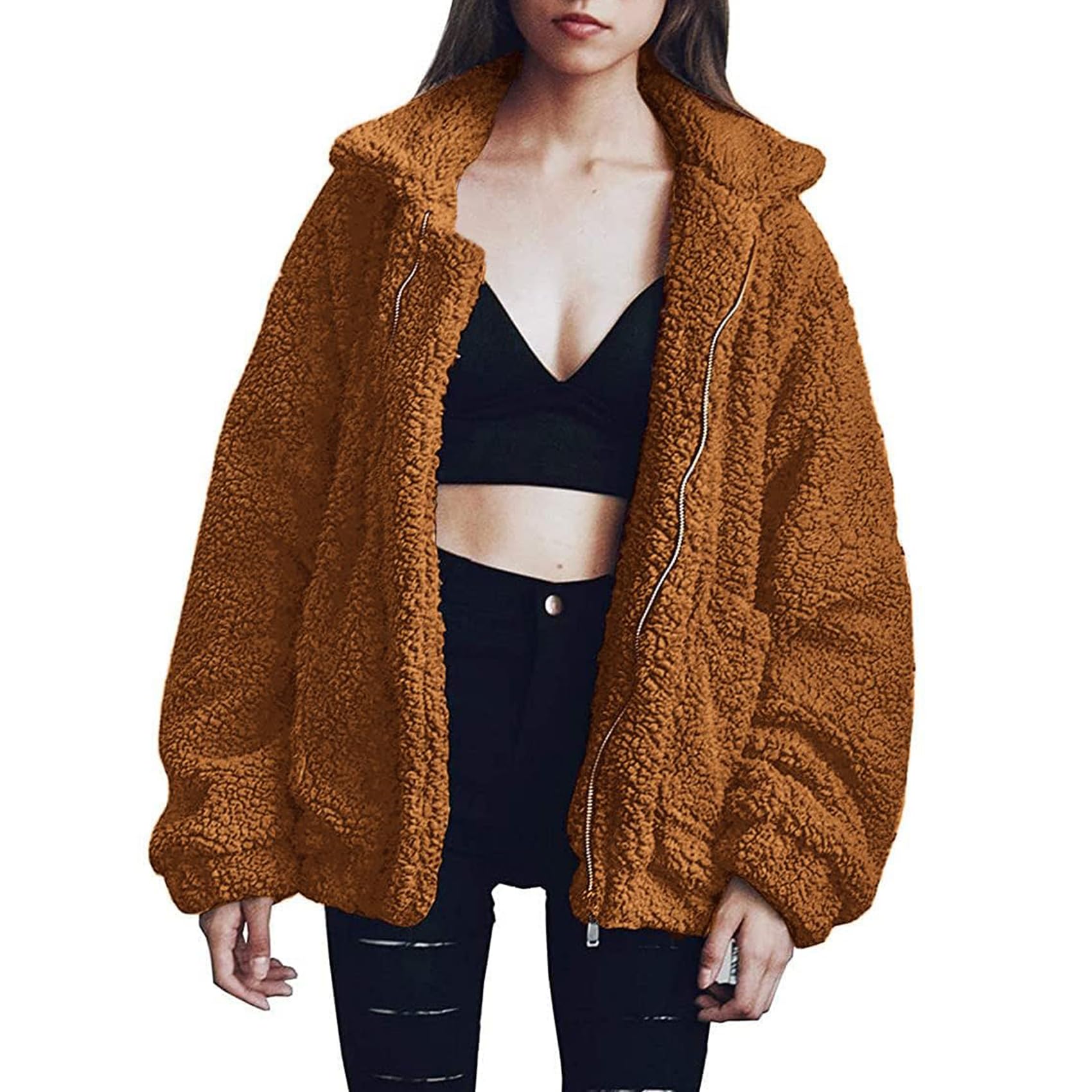 Women's Oversized Sherpa Fleece Coats, Golden,S