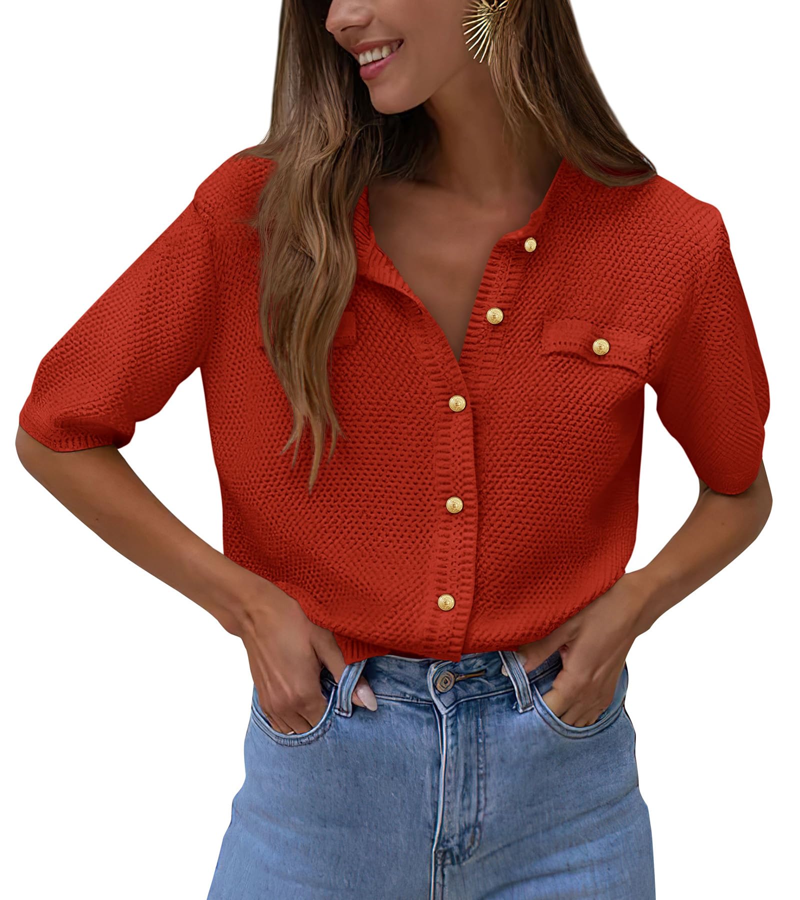Women's Summer Casual Button Down Shirts Rust Red,Small