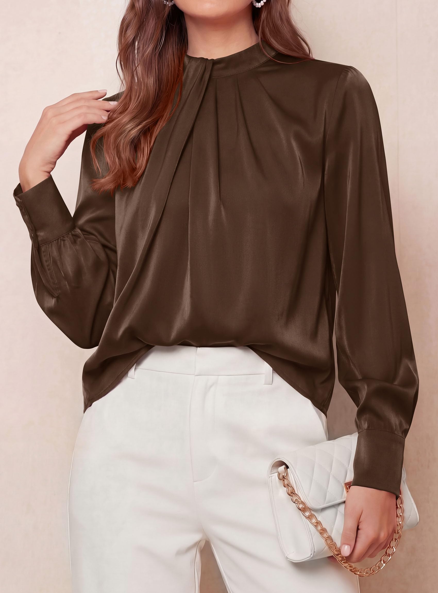 Satin Blouses for Women Dressy Casual Long Sleeve Shirts Brown