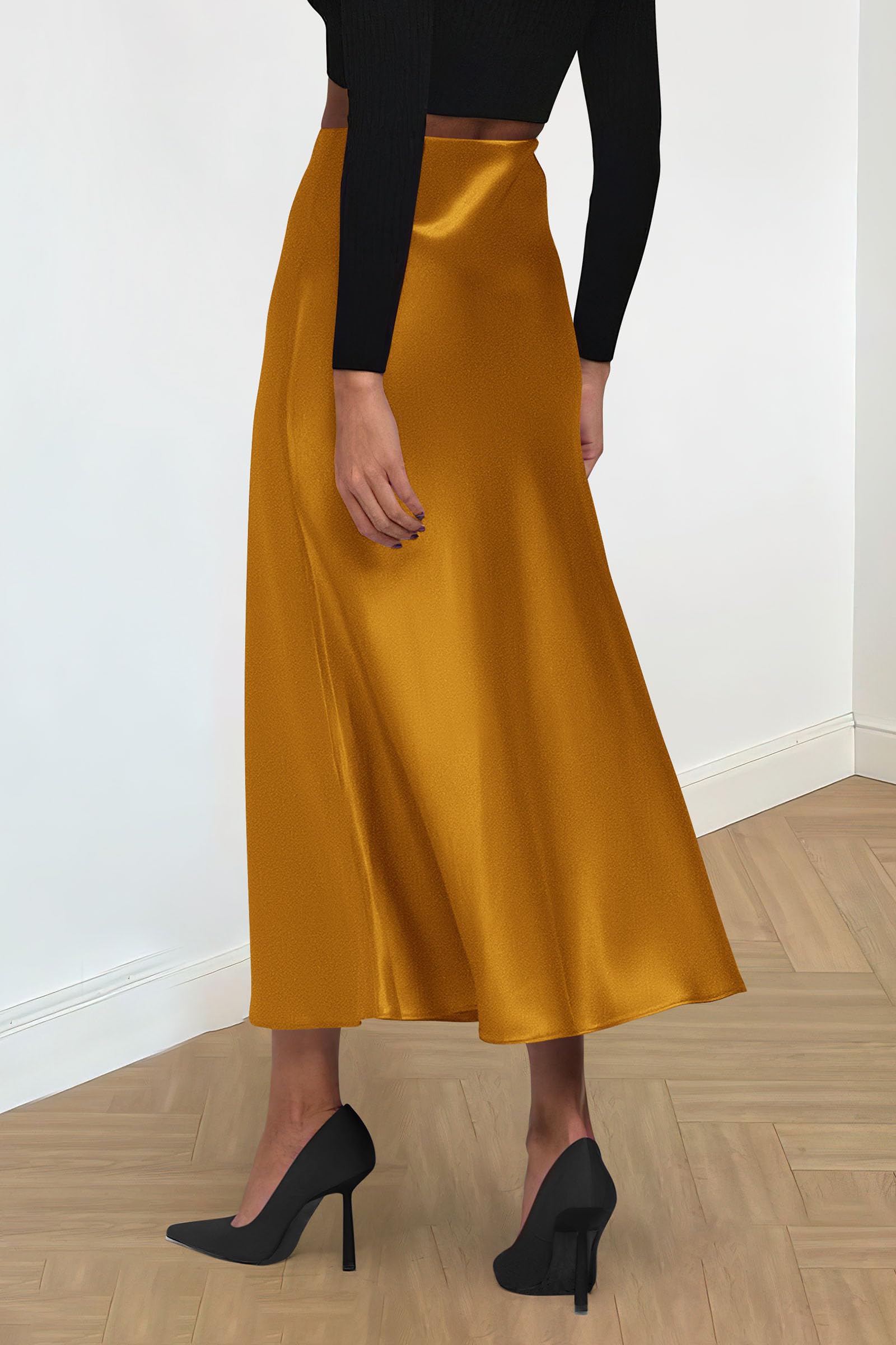 Women's Satin Midi Skirts Dressy Casual,Brown Yellow,S