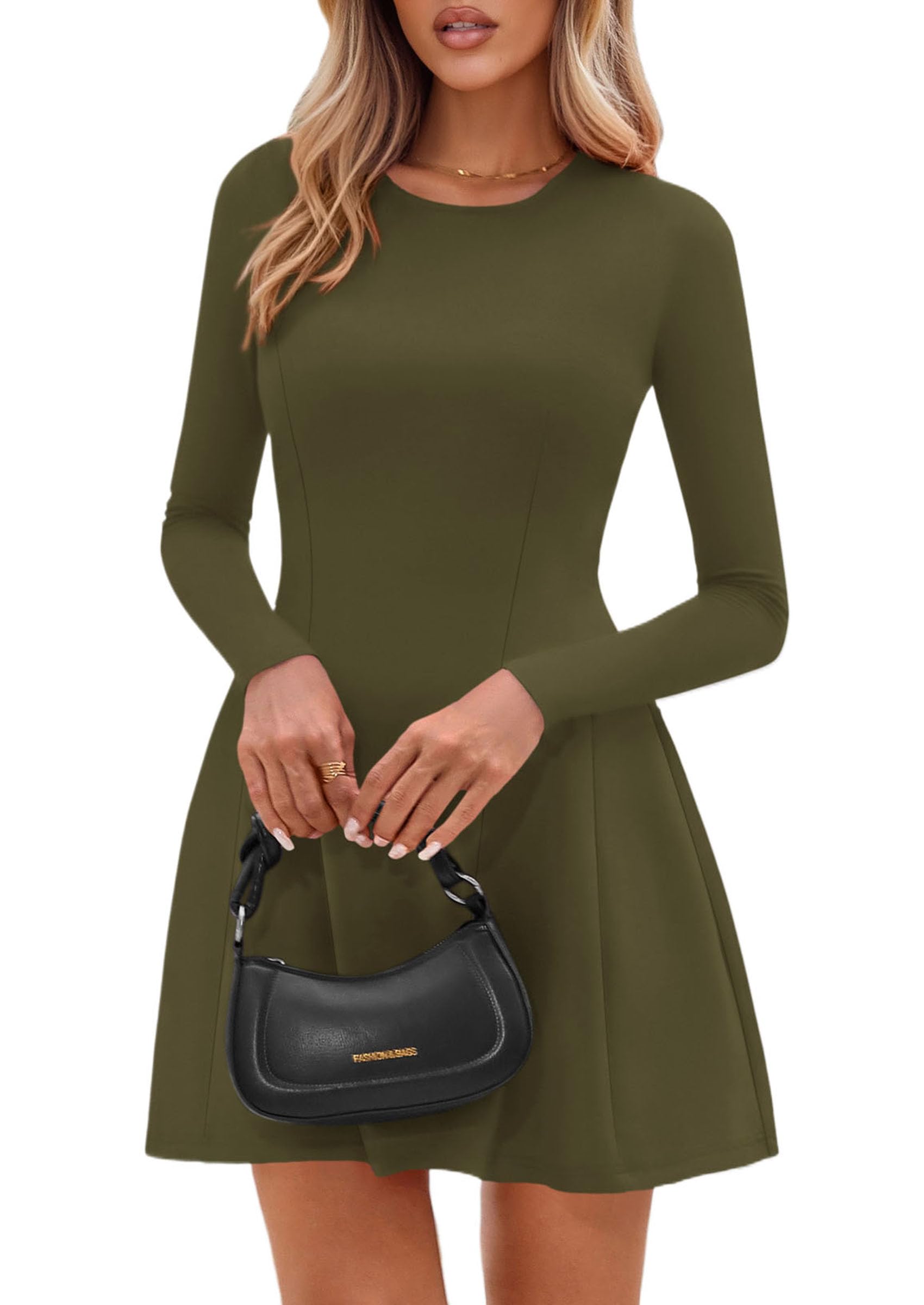 Womens Long Sleeve Pleated Mini Dress,Army Green,XS
