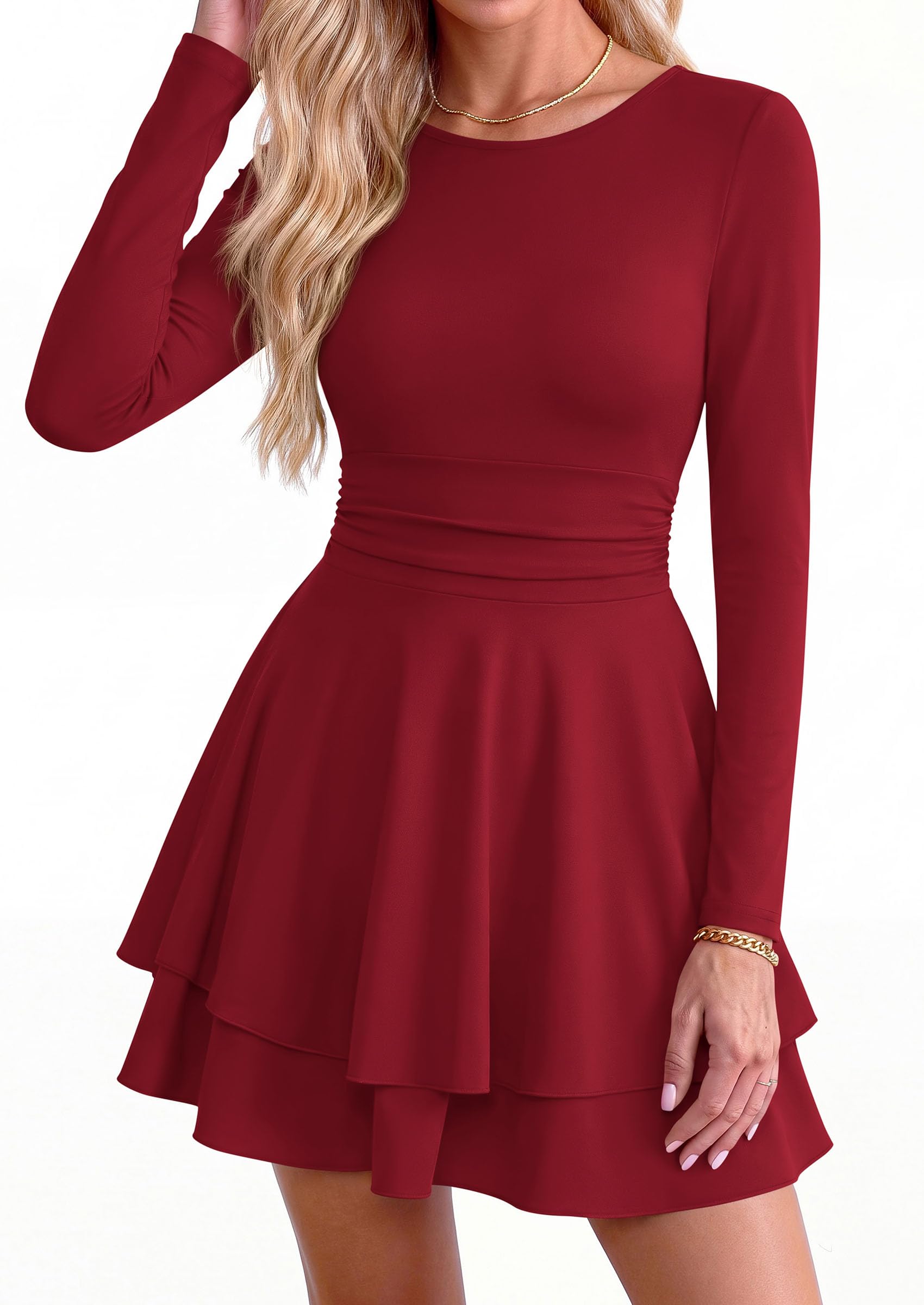 Womens Fit and Flare Crewneck Long Sleeve Mini Dress Wine Red