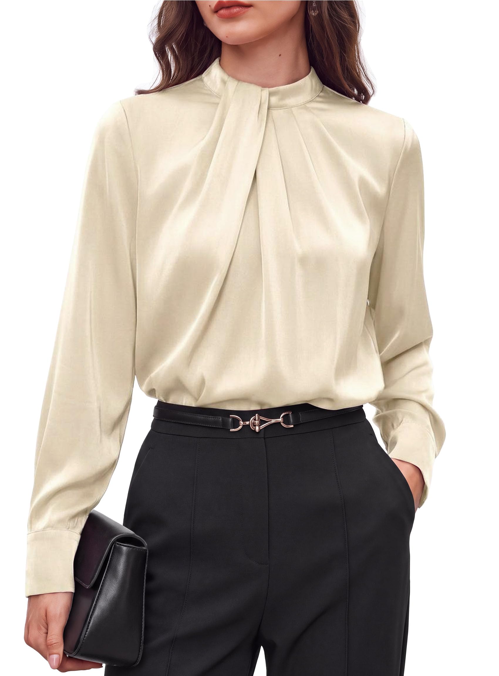 Satin Blouses for Women Dressy Casual Long Sleeve Shirts Beige