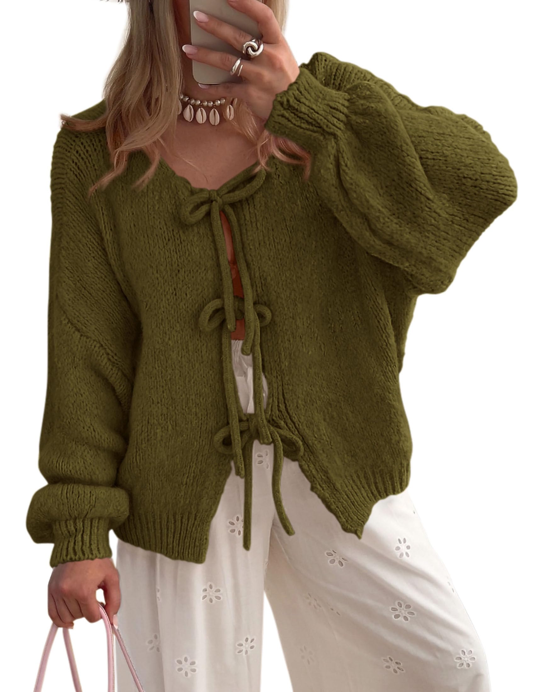 Women's Tie Front Bow Cardigan Sweaters(Army Green,Small)