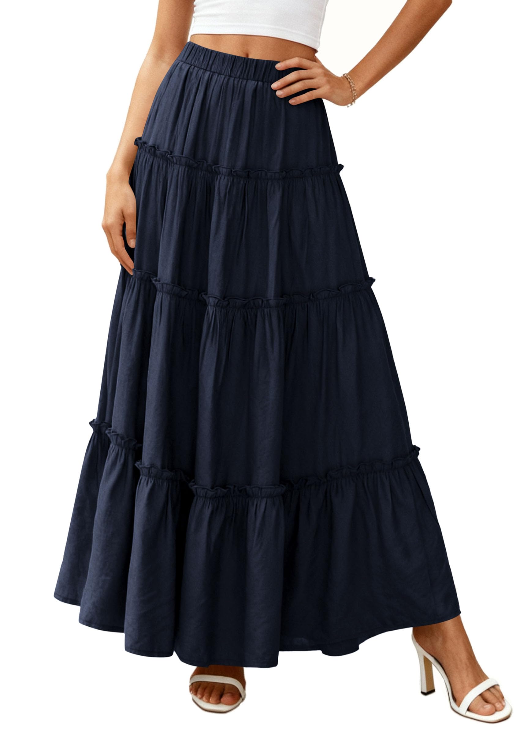 Women's Boho Tiered Ruffle Flowy Maxi Skirt, Navy Blue,L