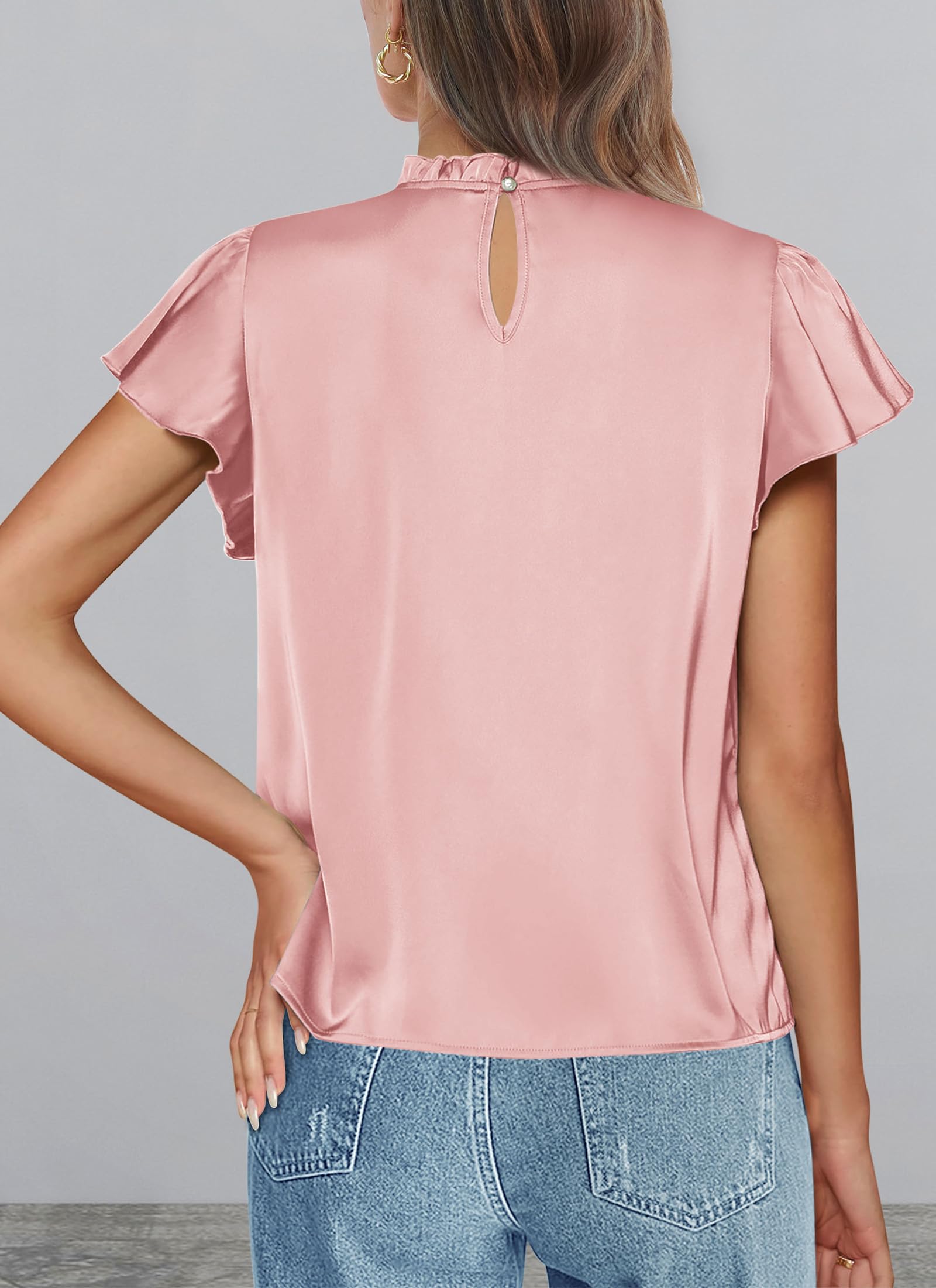 Women's Satin Tops Business Casual Work Blouses, Pink,S