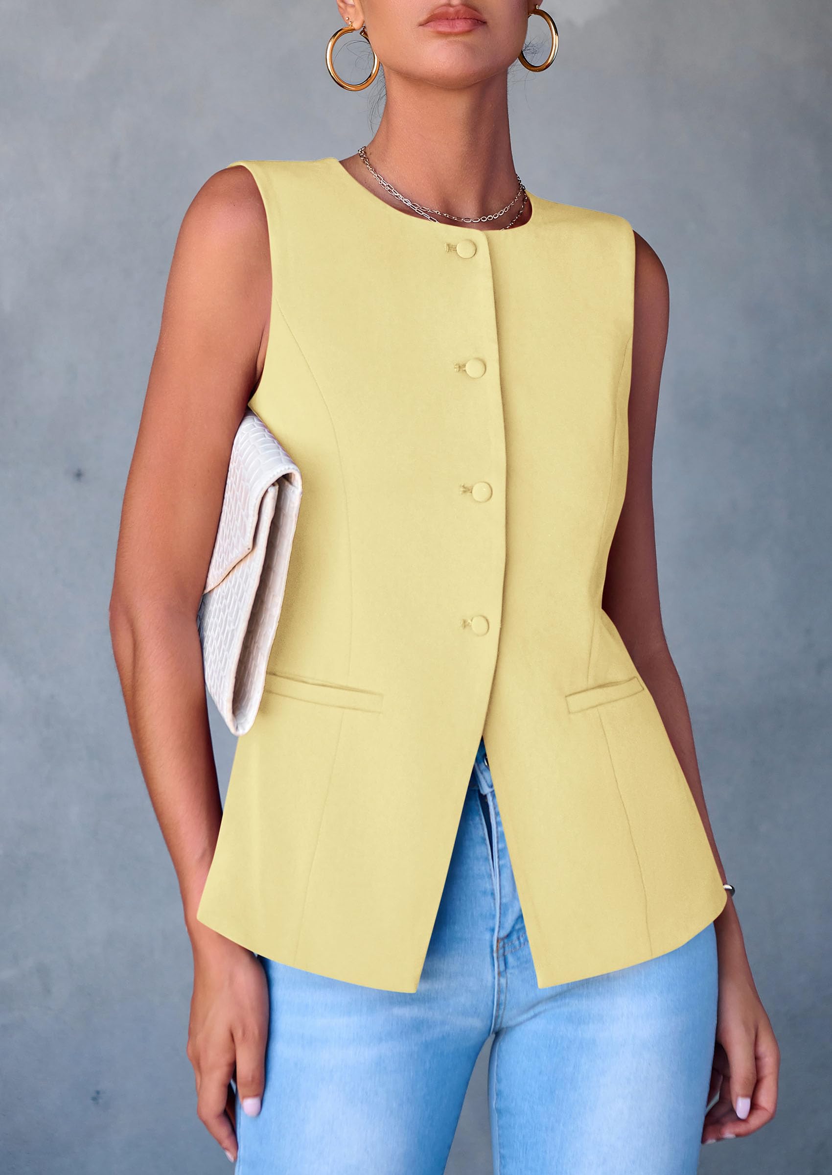 Women Tailored Suit Vest Business Casual Tops, Yellow,S