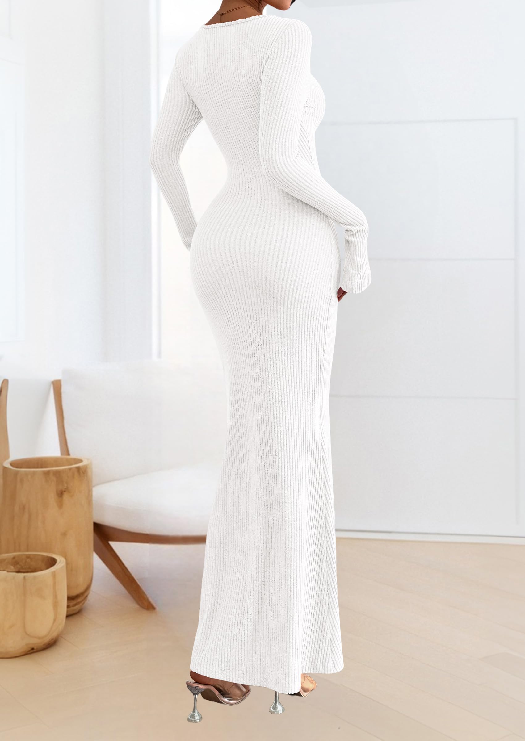 Women's Fall Long Sleeve Bodycon Maxi Dresses (White,M)