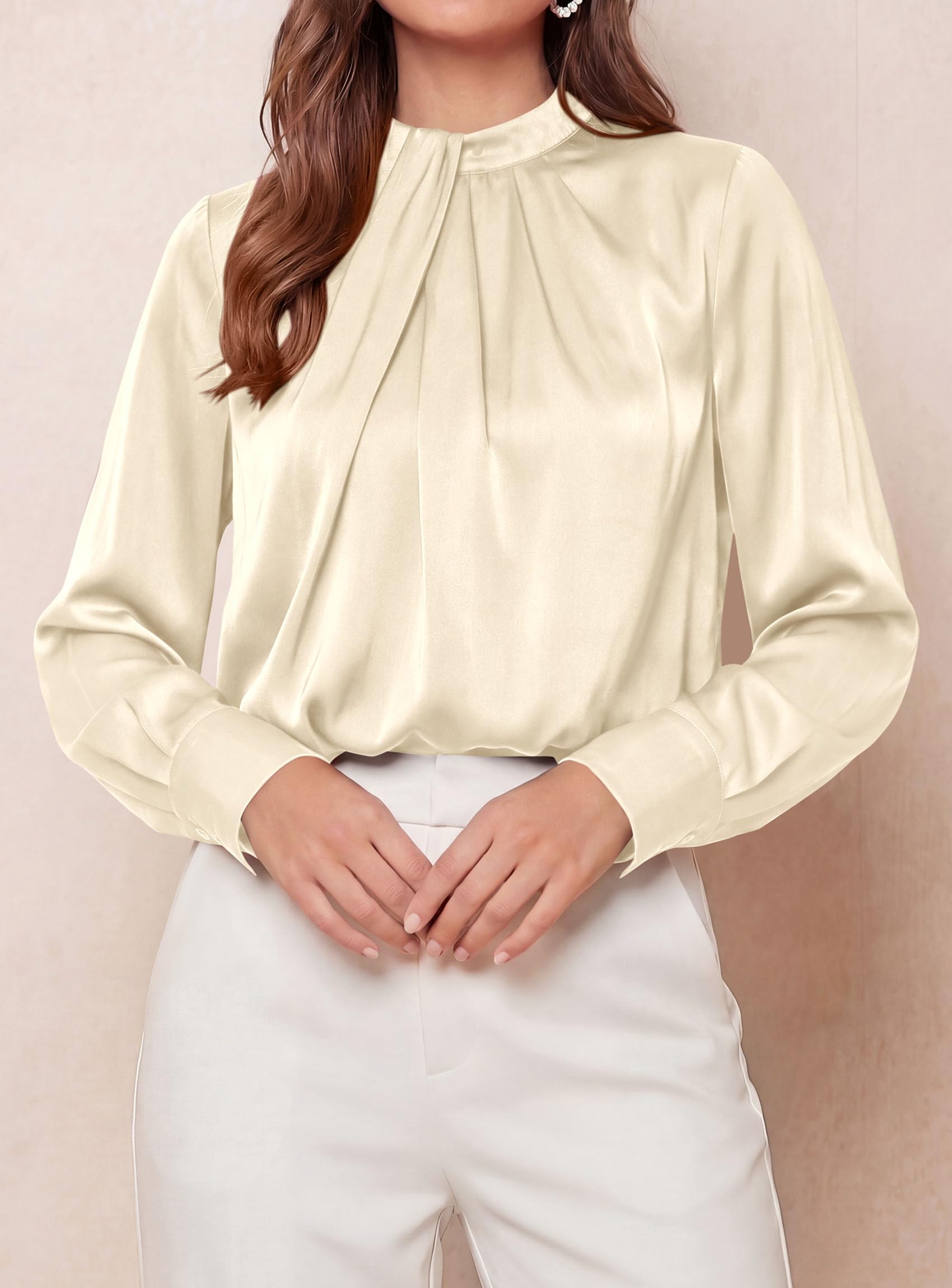 Satin Blouses for Women Dressy Casual Long Sleeve Shirts Beige