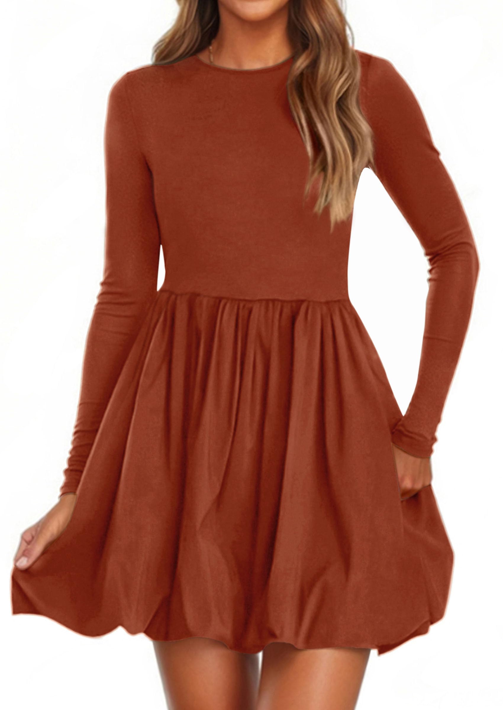 Fall Dresses for Women 2026 Bubble Mini Dress,Brick Red,S