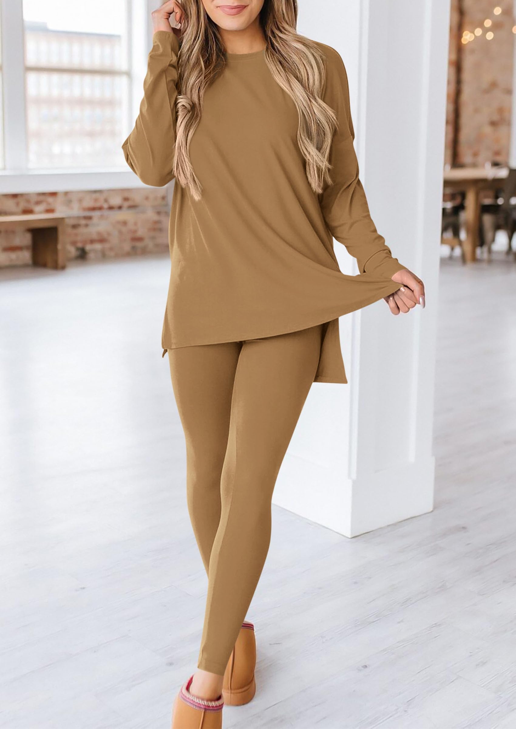 Women's 2 Piece Outfits Matching Lounge Sets,Khaki,S