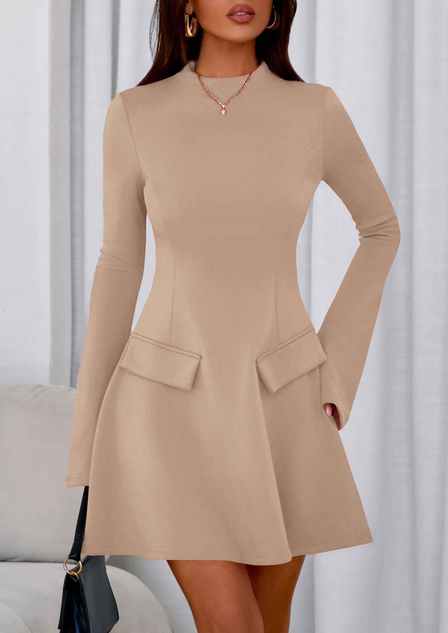Women's Fall Bell Sleeve Short Dress,Khaki,XS