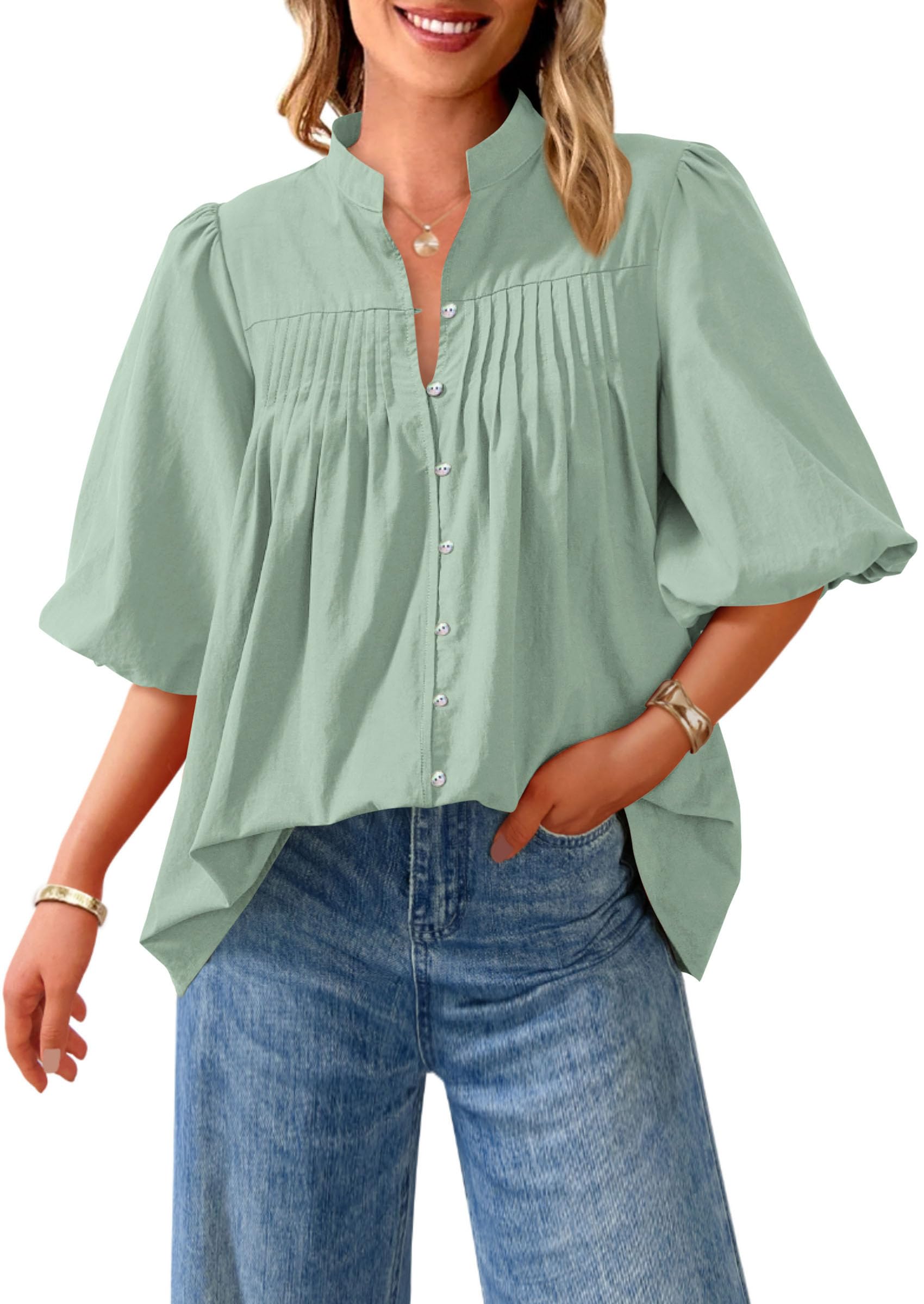 Short Sleeve Henley Shirts for Women,Light Green,S