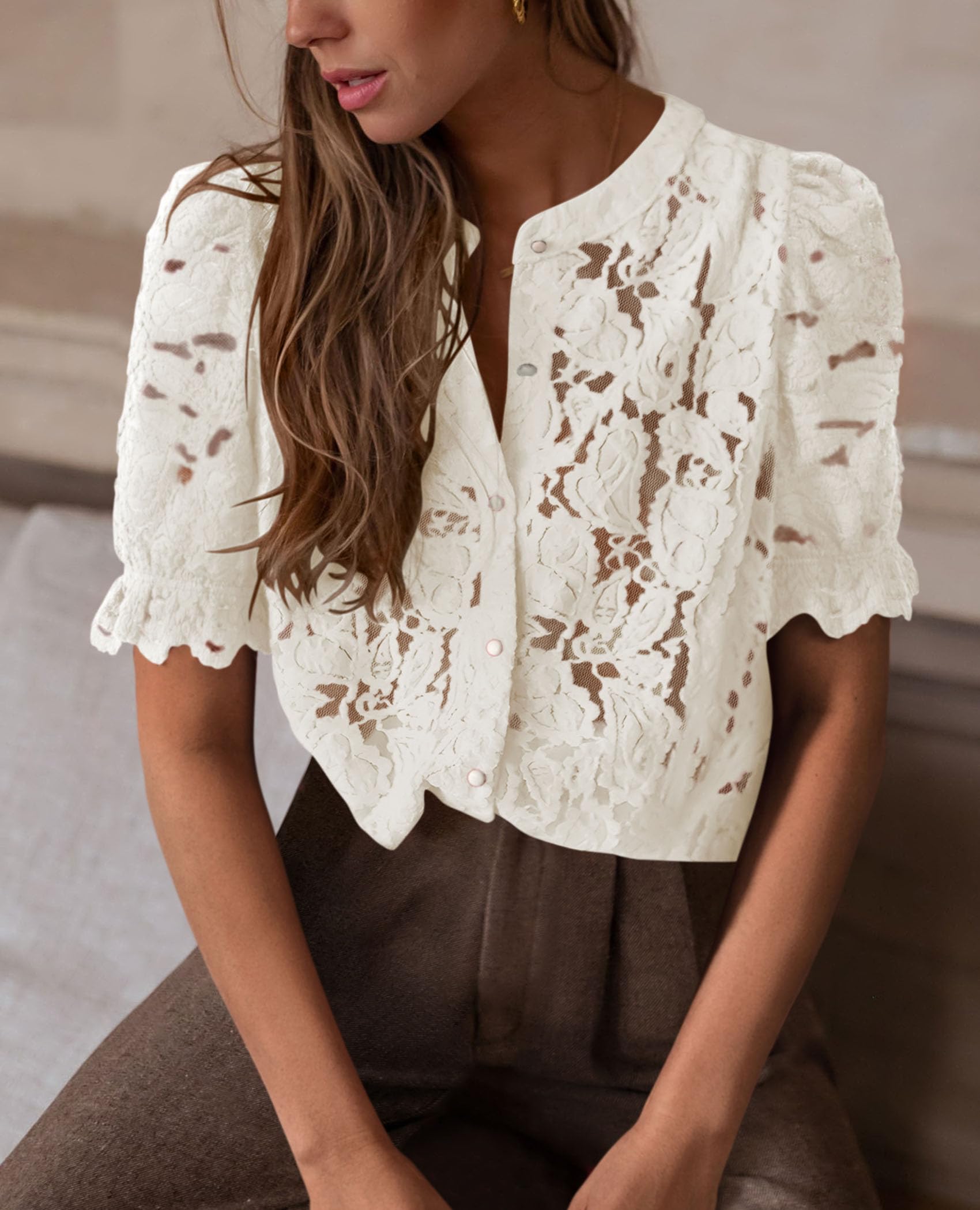 Womens Lace Tops Button Down Short Sleeve Shirts,Beige,S