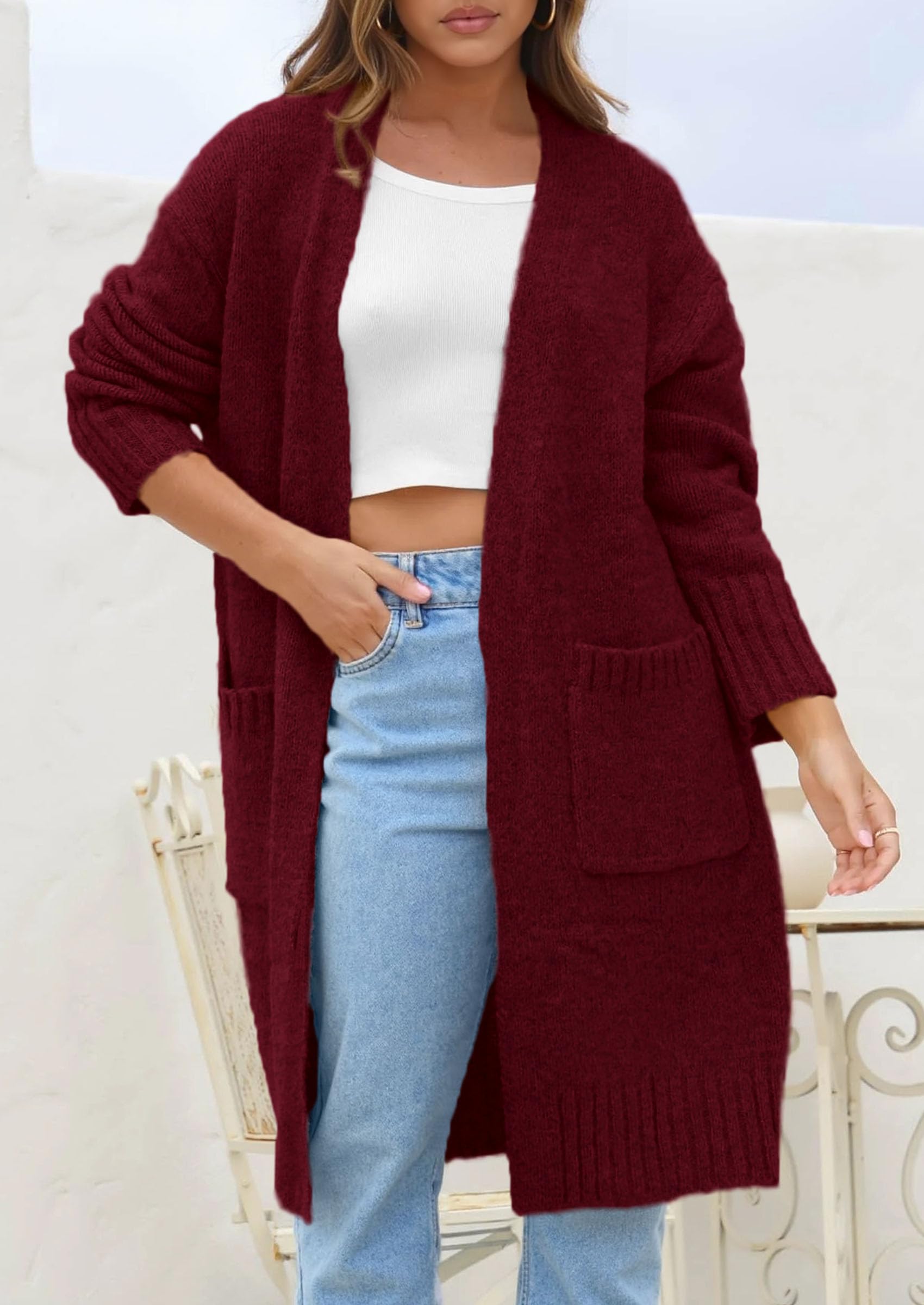 Open Front Cardigan Sweaters for Women,Wine Red,S