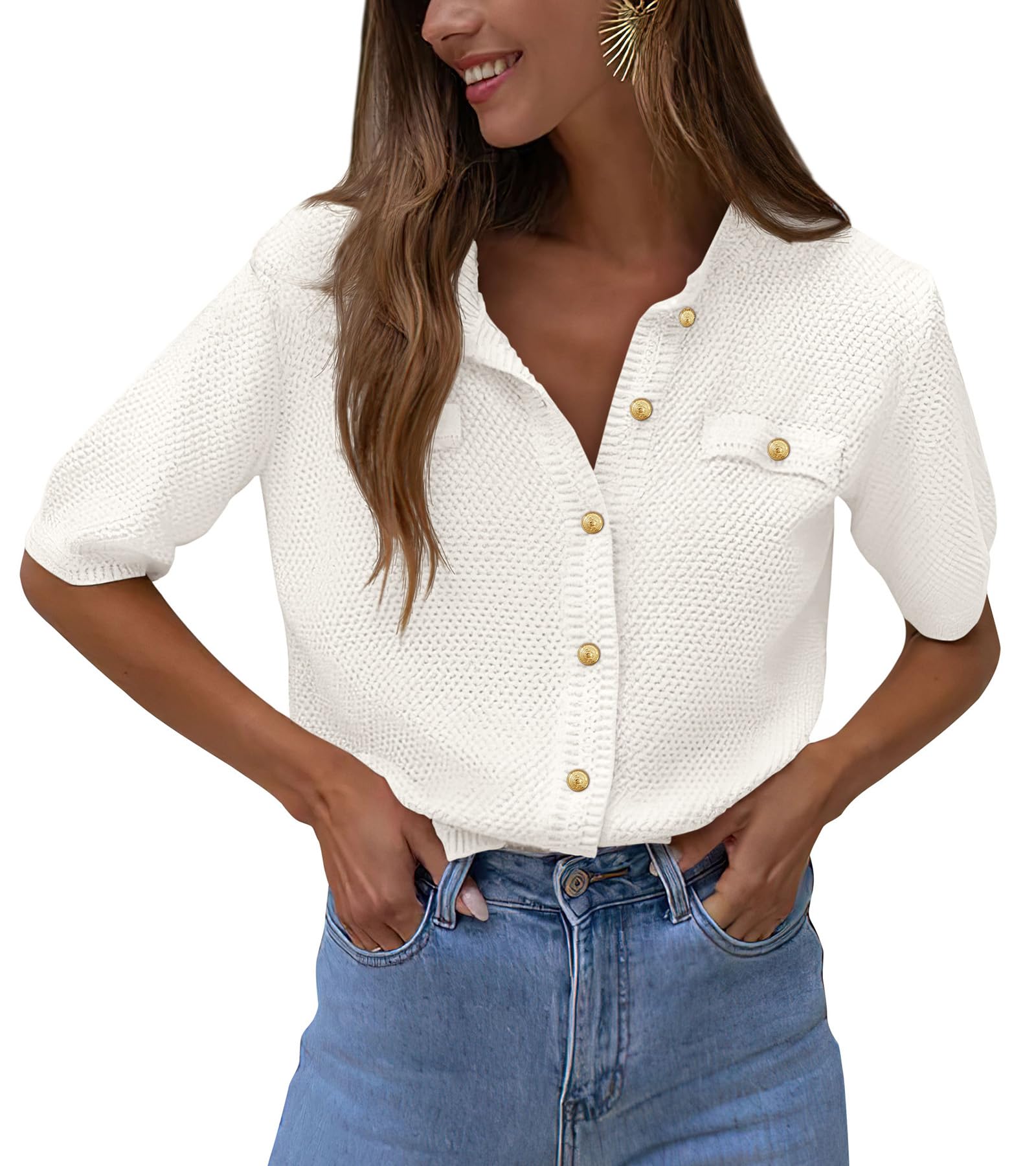 Women's Summer Casual Button Down Shirts White,Small