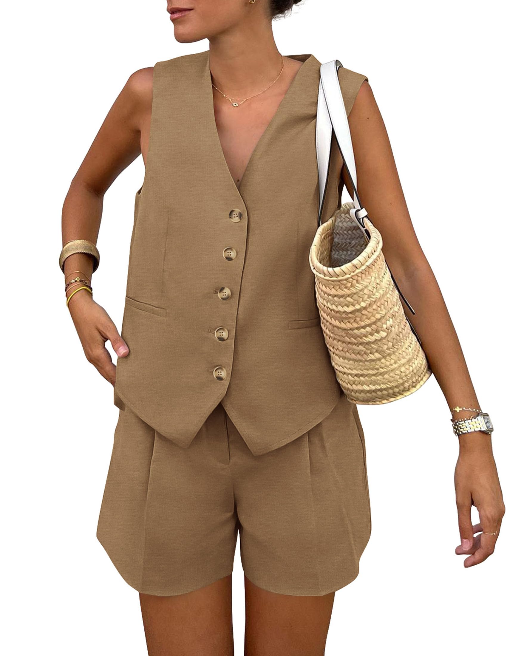 Women's Summer Two Piece Outfits Sets (Coffee,X-Small)
