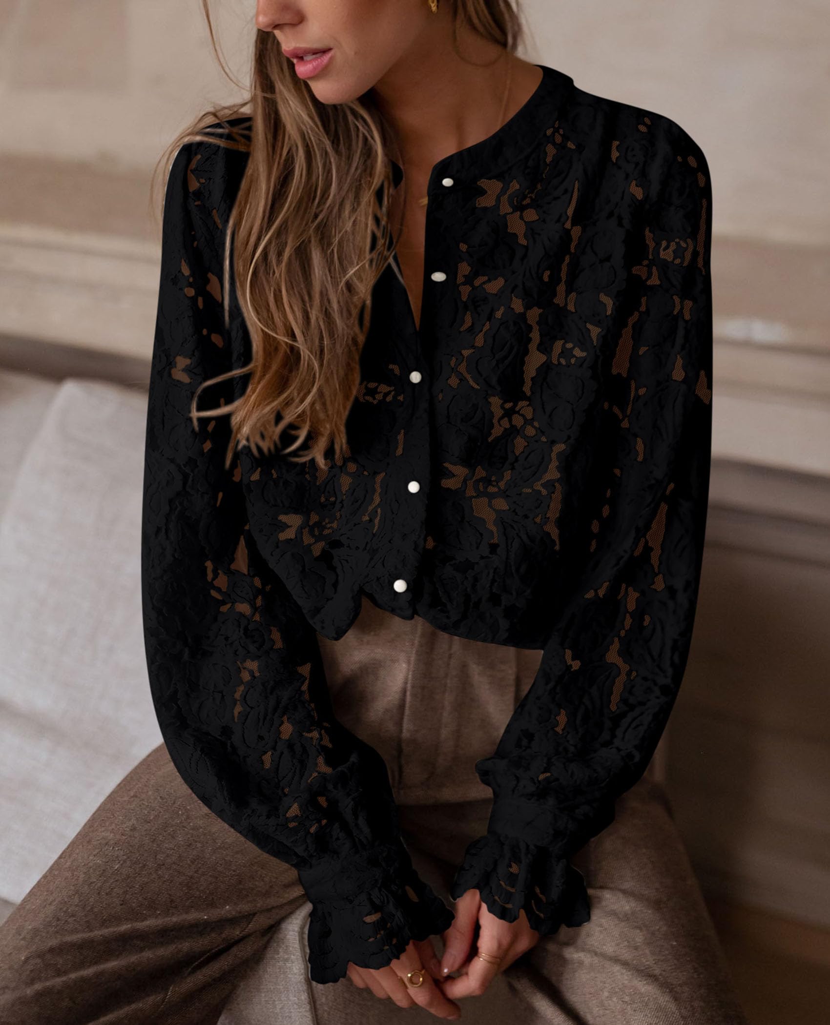 Women's Fall Trendy Long Sleeve Lace Tops(Black,Small)