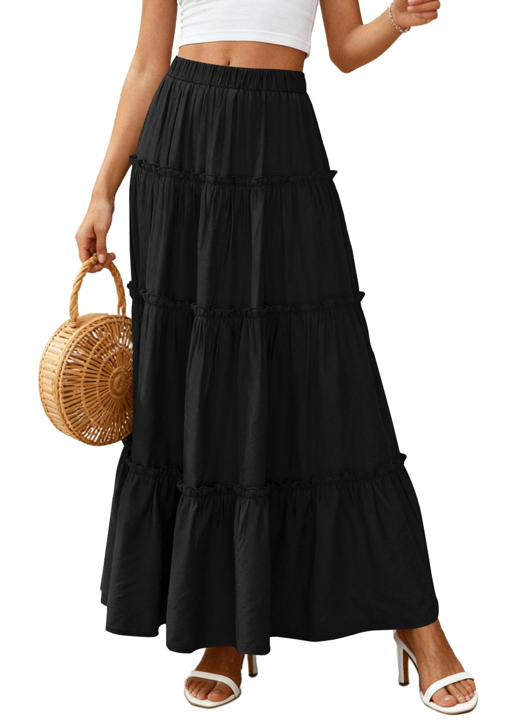 Women's Boho Tiered Ruffle Flowy Maxi Skirt, Black,S