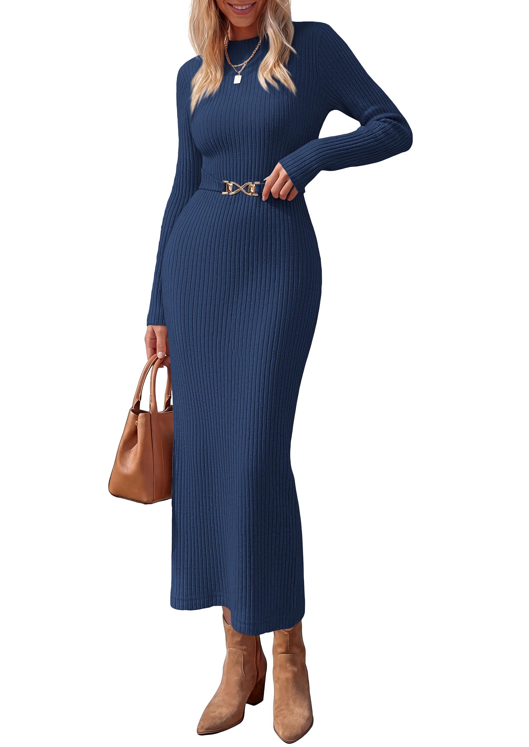 Women's Long Sleeve Bodycon Maxi Sweater Dress Navy Blue,XS