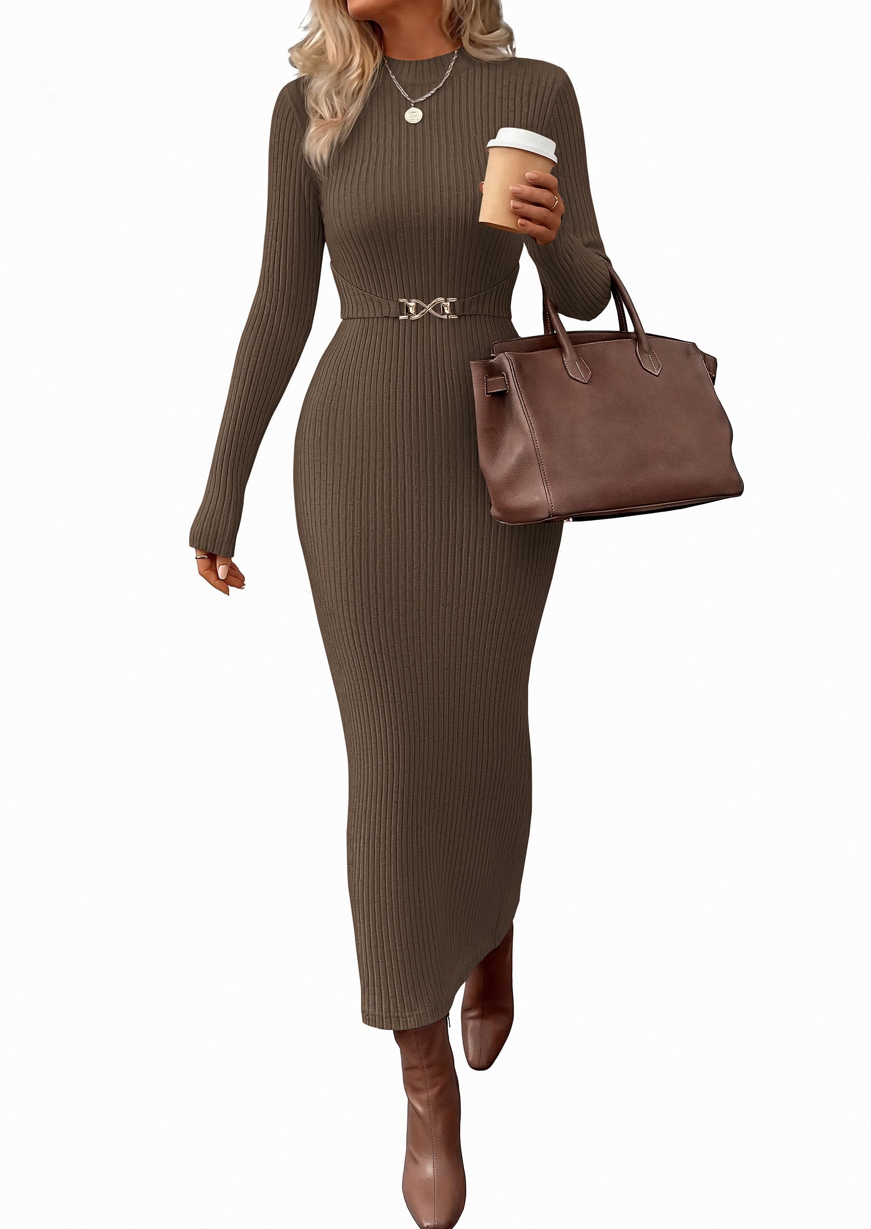 Women's Long Sleeve Bodycon Maxi Sweater Dress Brown,XS