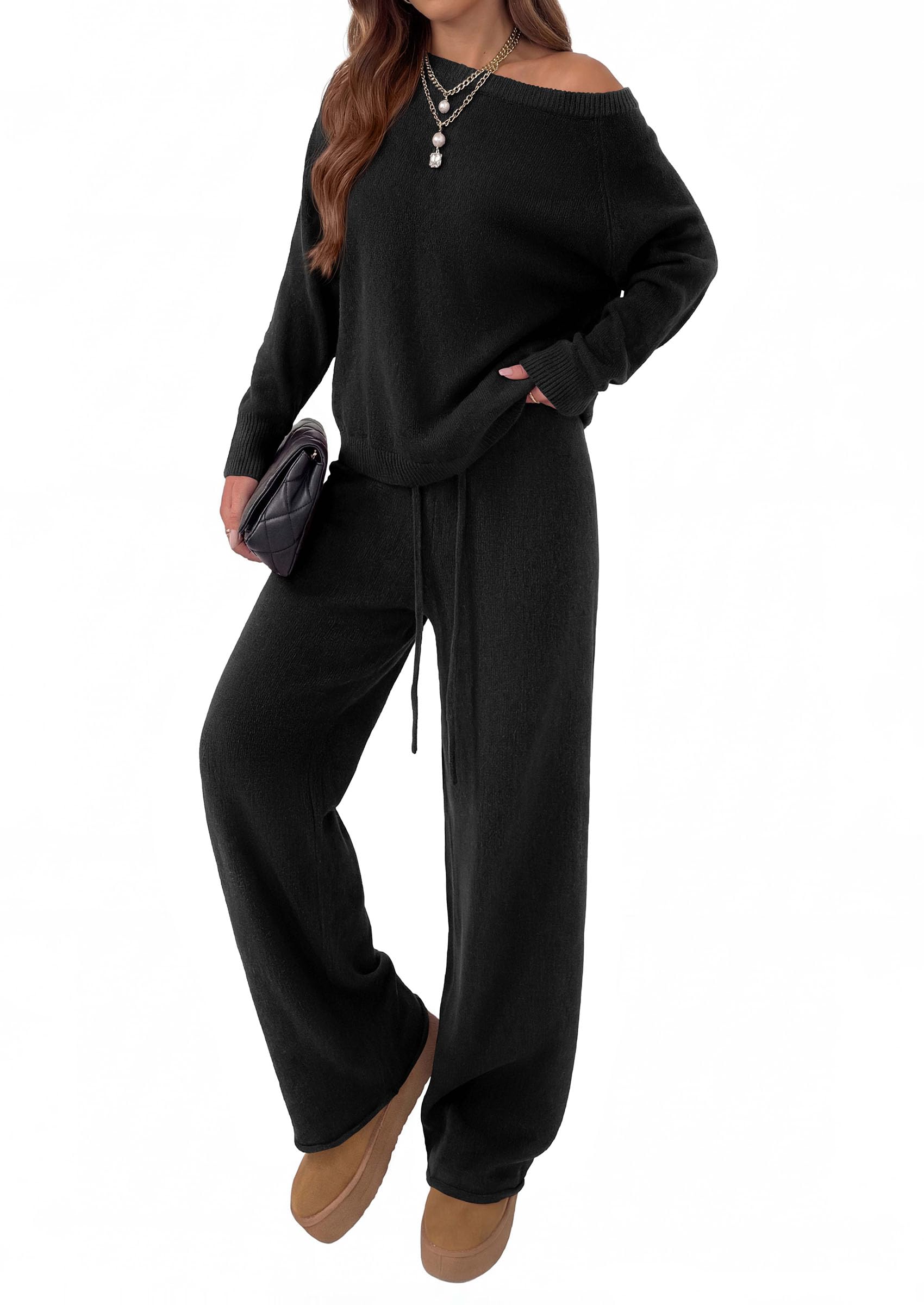 Lounge Sets Womens Sweaters Two Piece Outfits (Black,S)
