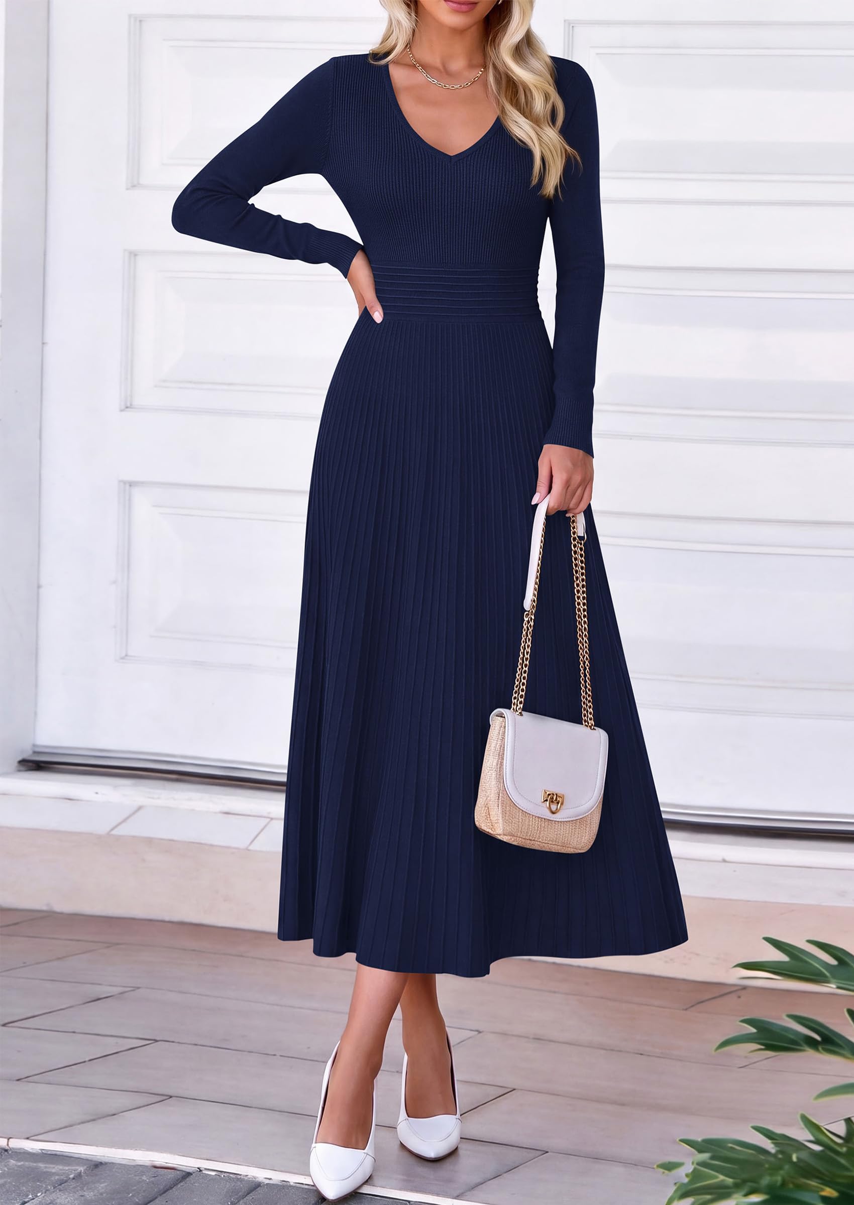 Women's Fall V Neck Pleated Midi Sweater Dress,Navy Blue,S