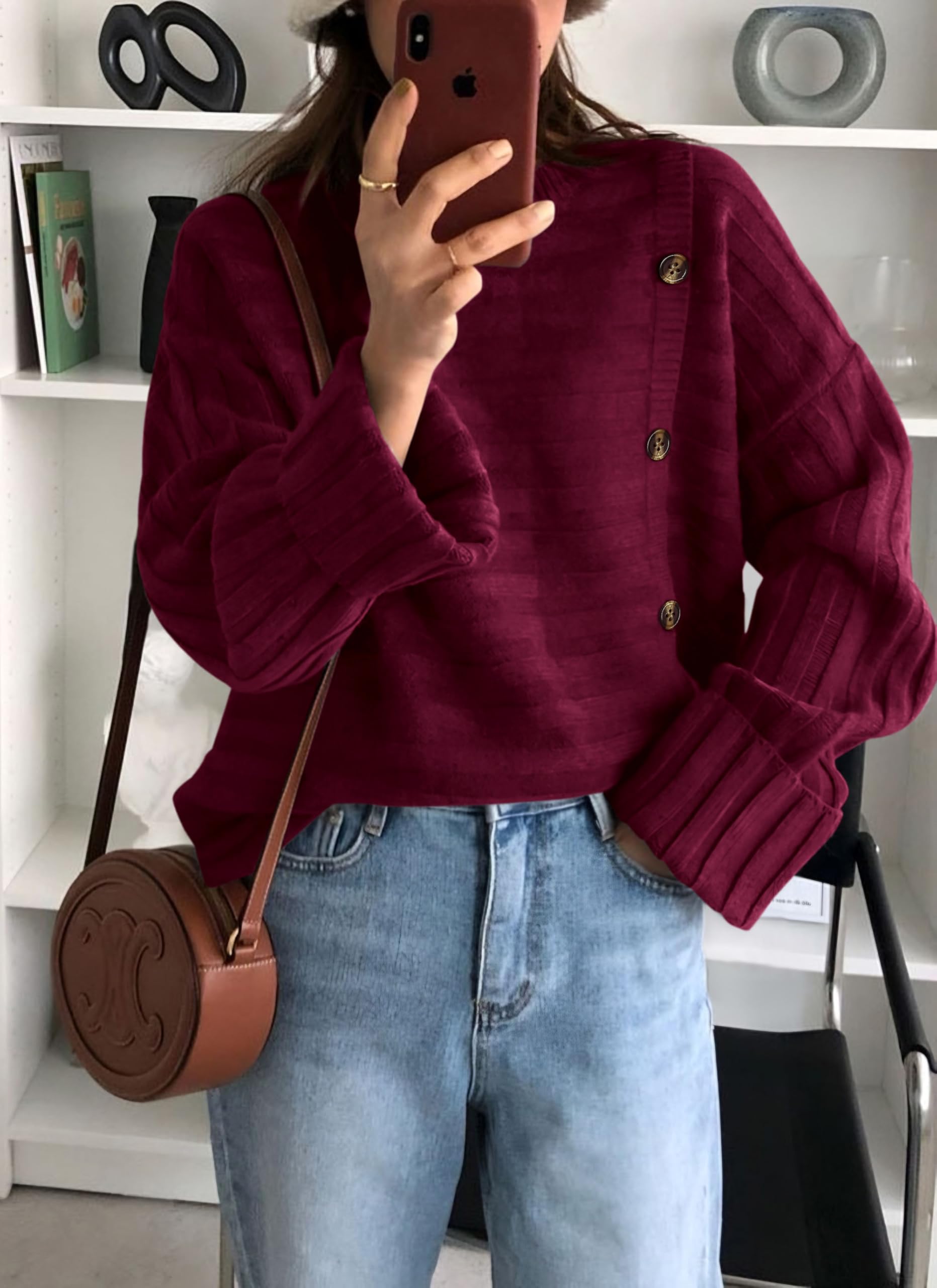 Womens Asymmetric Button Long Sleeve Sweater,Wine Red,S