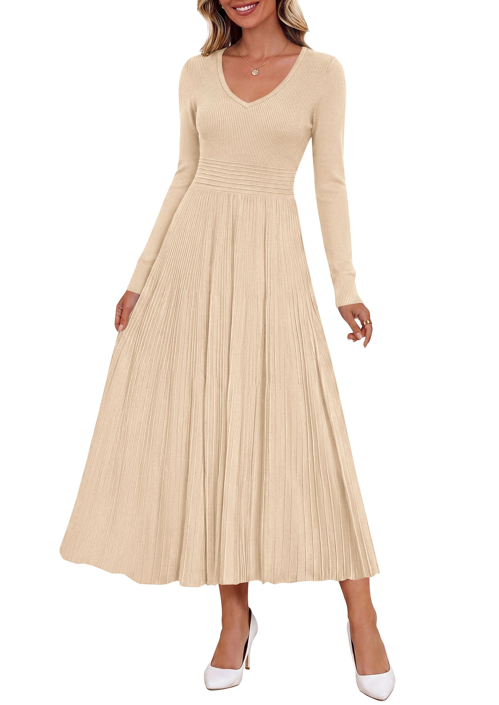 Women's Fall V Neck Pleated Midi Sweater Dress,Apricot,S