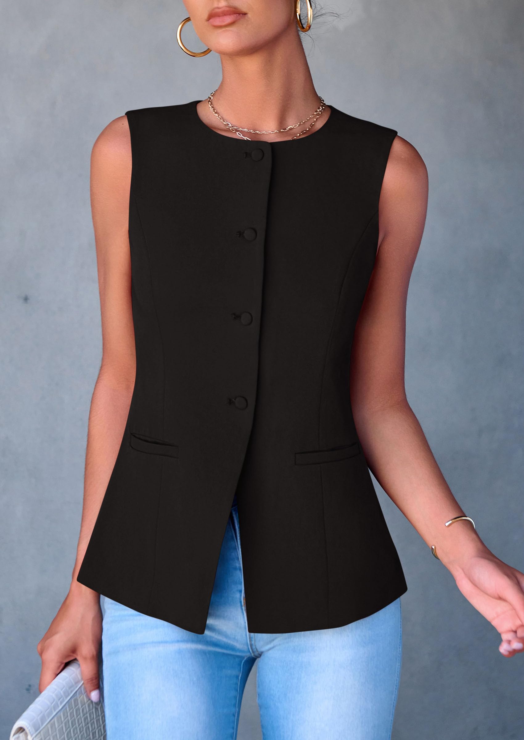 Women Tailored Suit Vest Business Casual Tops, Black,S