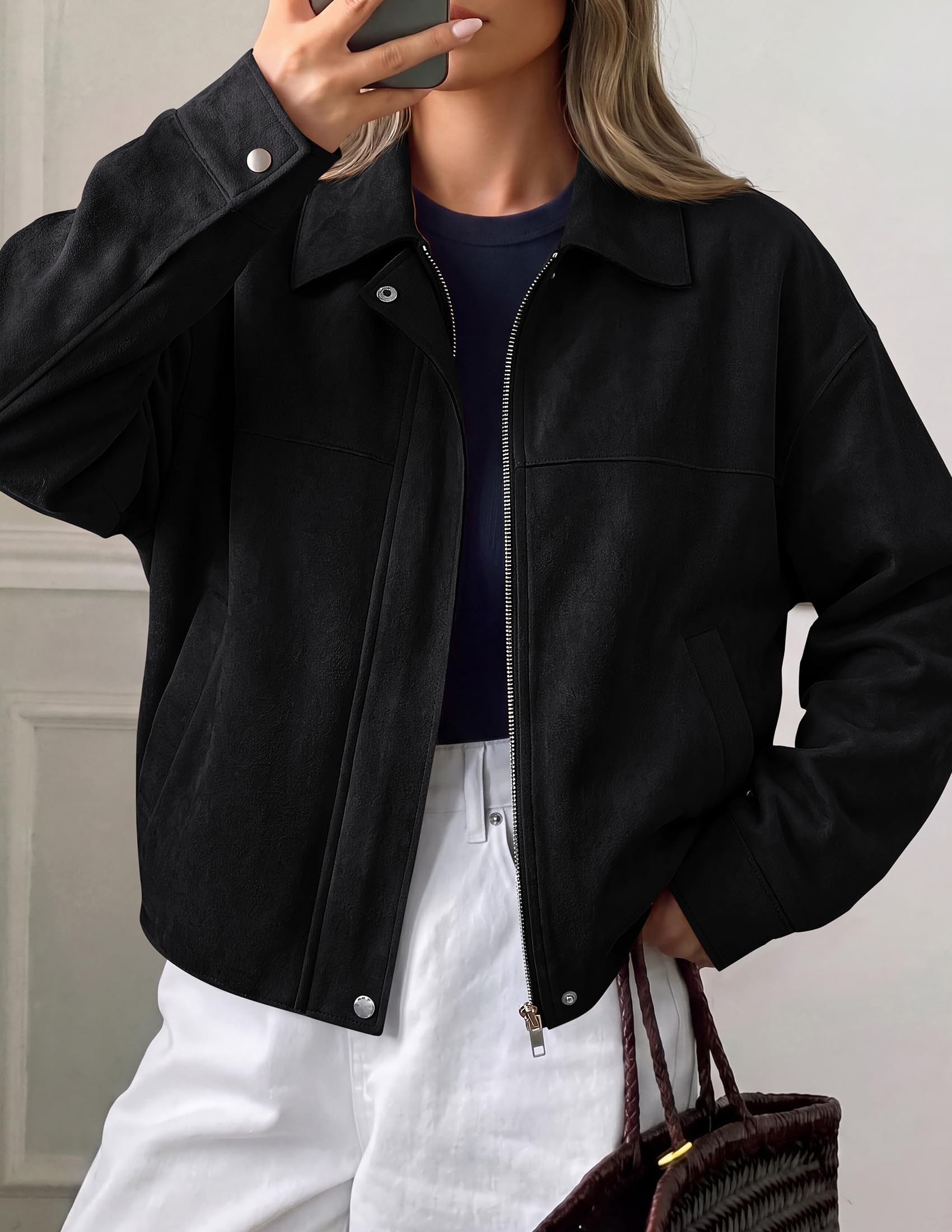 Women's Faux Suede Cropped Fall Jackets,Black,S