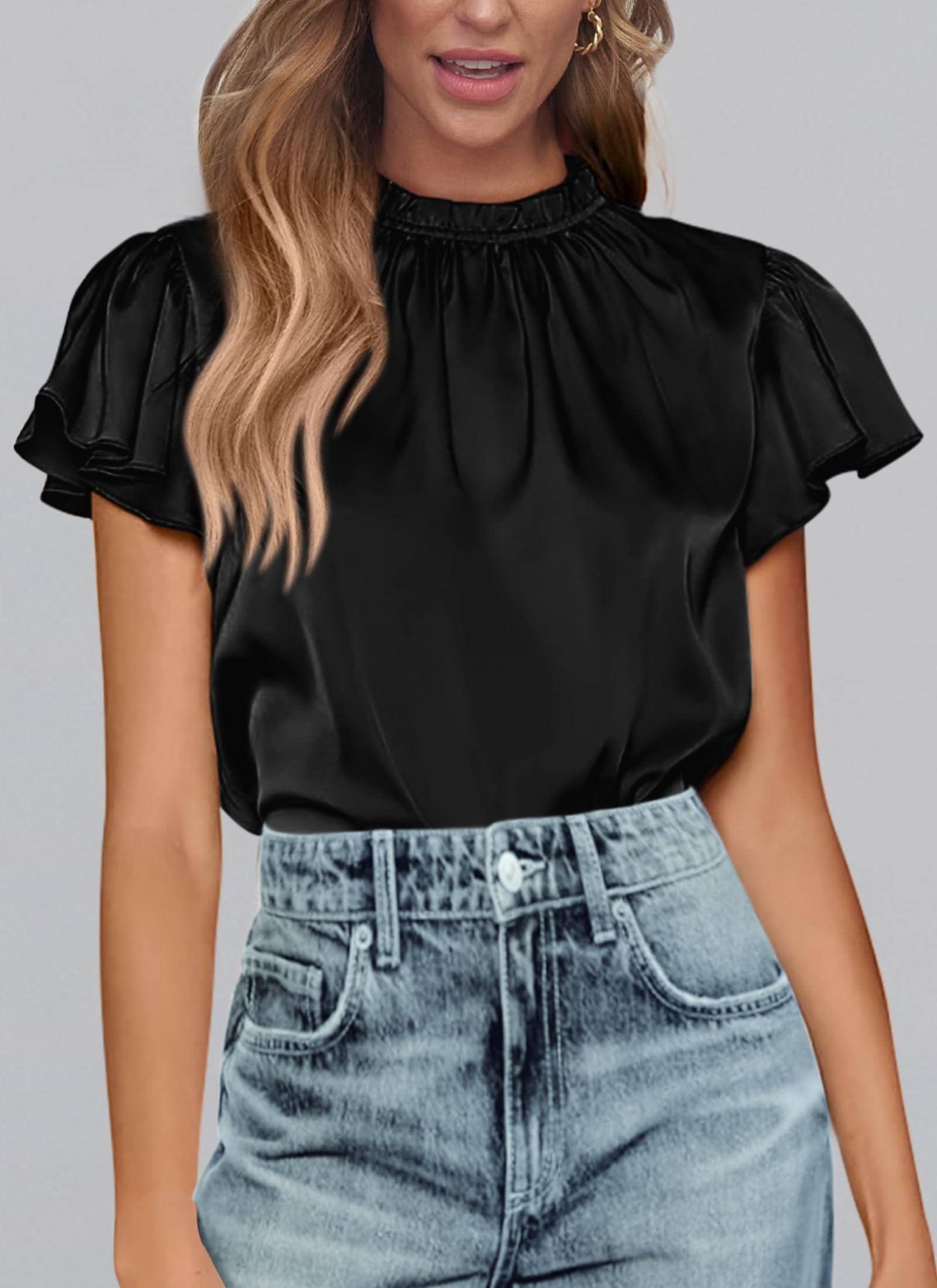 Women's Satin Tops Business Casual Work Blouses, Black,S