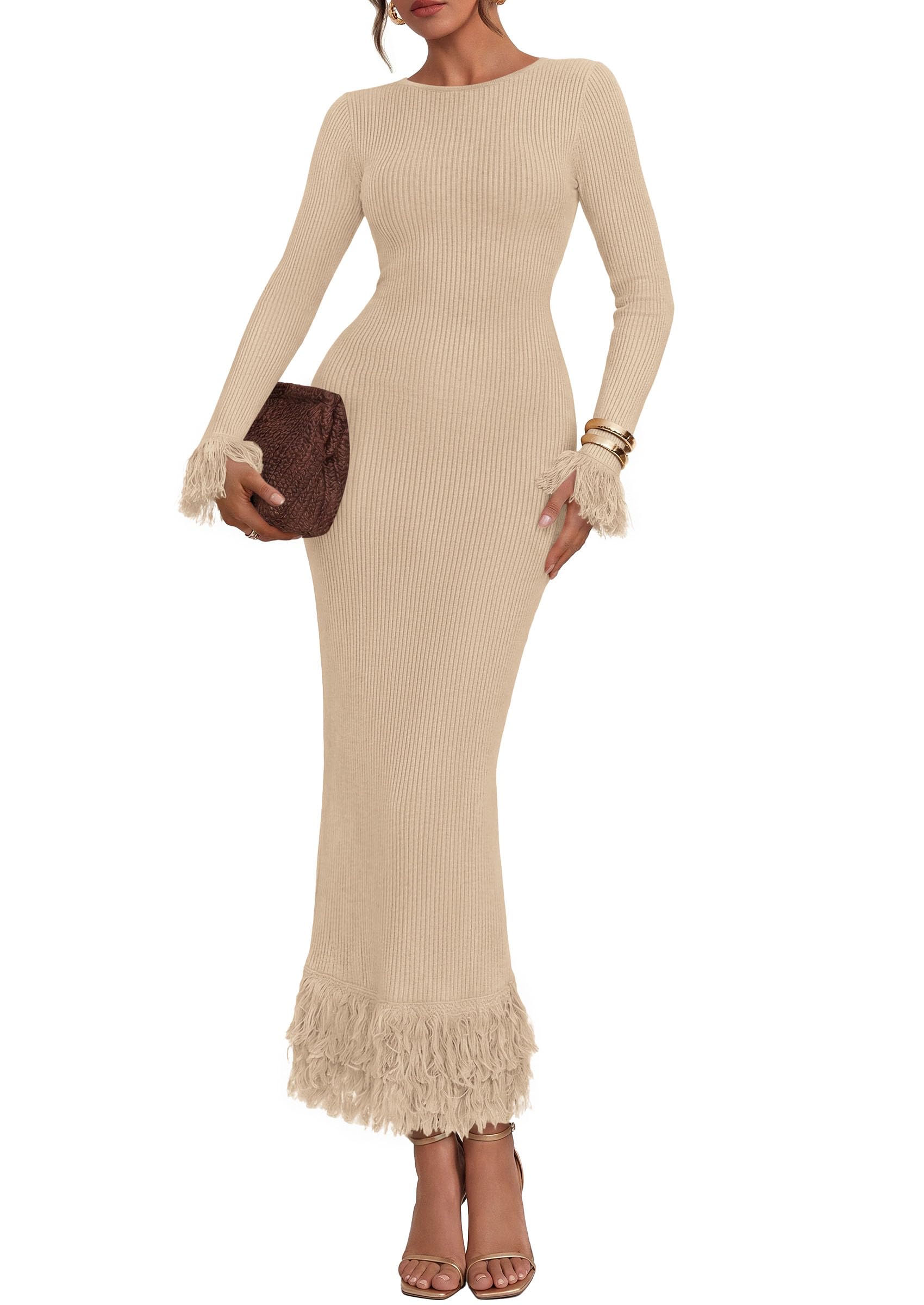 Womens Long Sleeve Bodycon Sweater Dress,Beige,Small