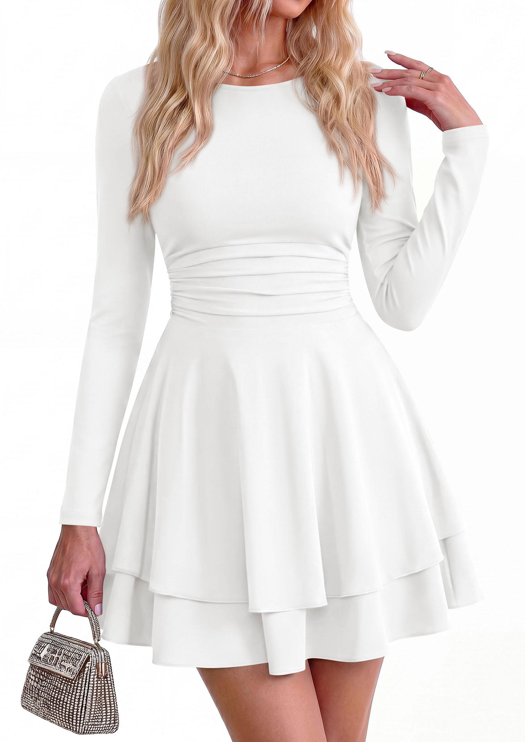 Womens Fit and Flare Crewneck Long Sleeve Mini Dress White,S