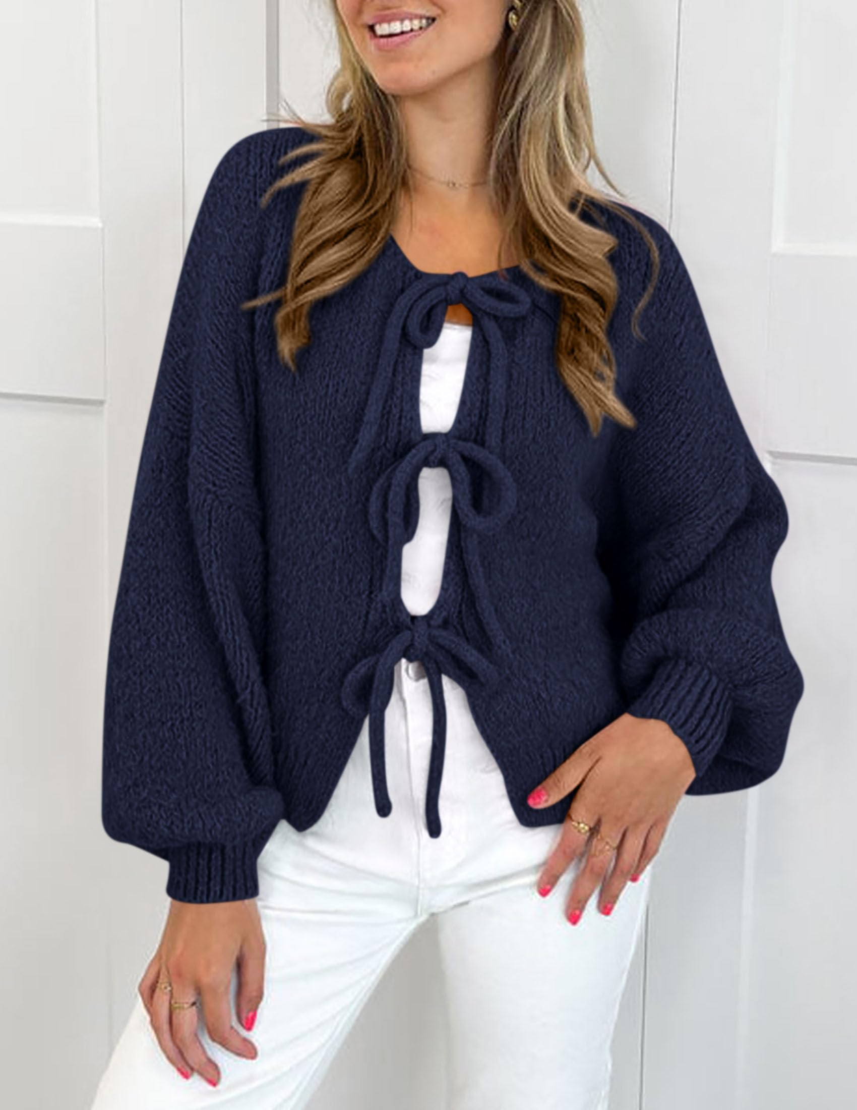 Women's Tie Front Bow Cardigan Sweaters(Navy,Small)