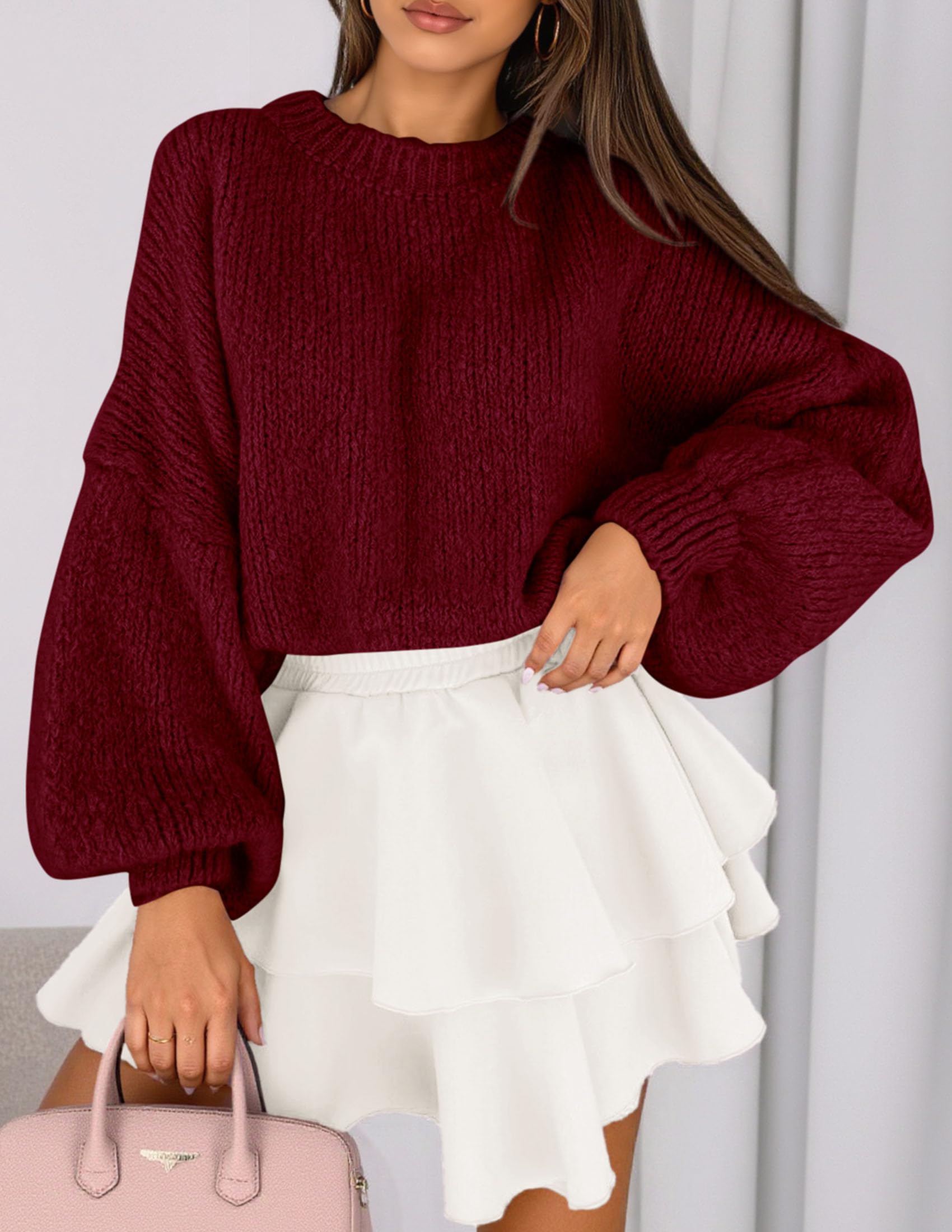 Women's Chunky Knit Oversized Pullover Sweaters,Burgundy,S
