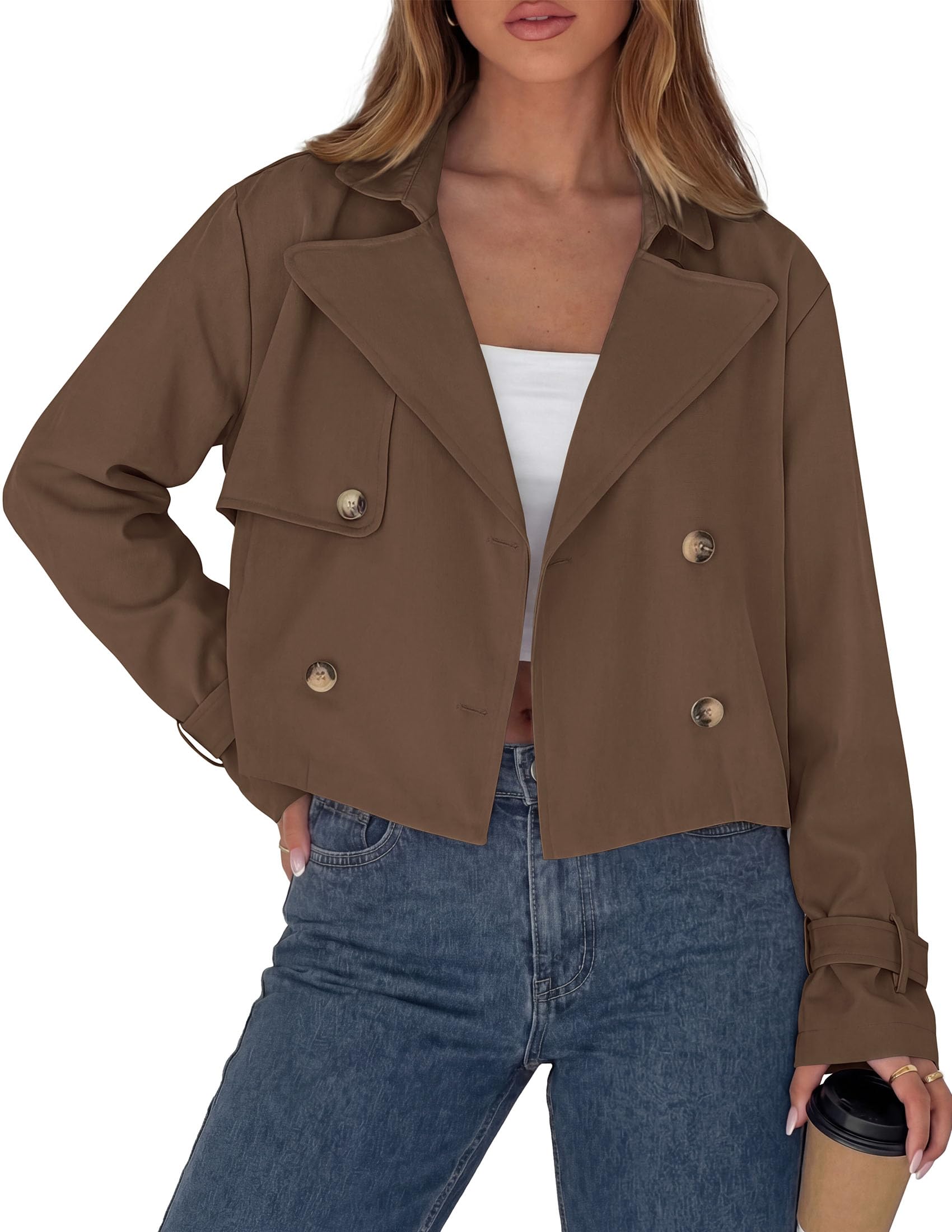 Cropped Trench Coat For Women Short Jacket,Brown,S