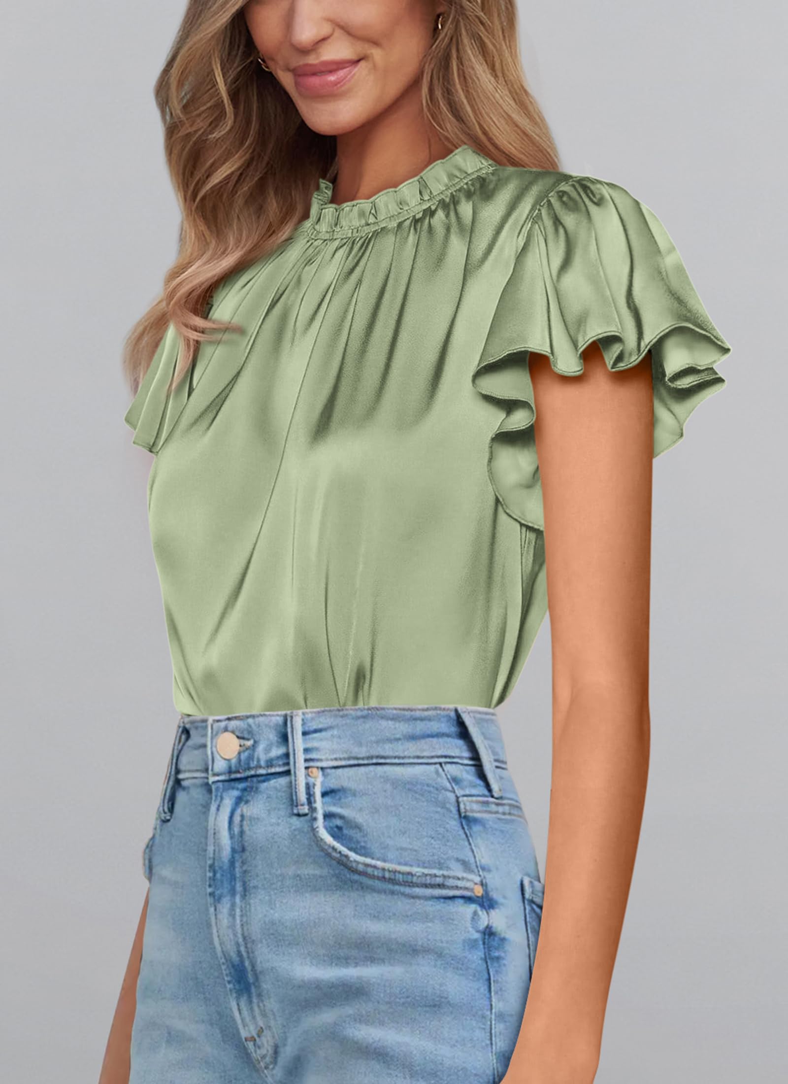 Women's Satin Tops Business Casual Work Blouses, Mint Green,S