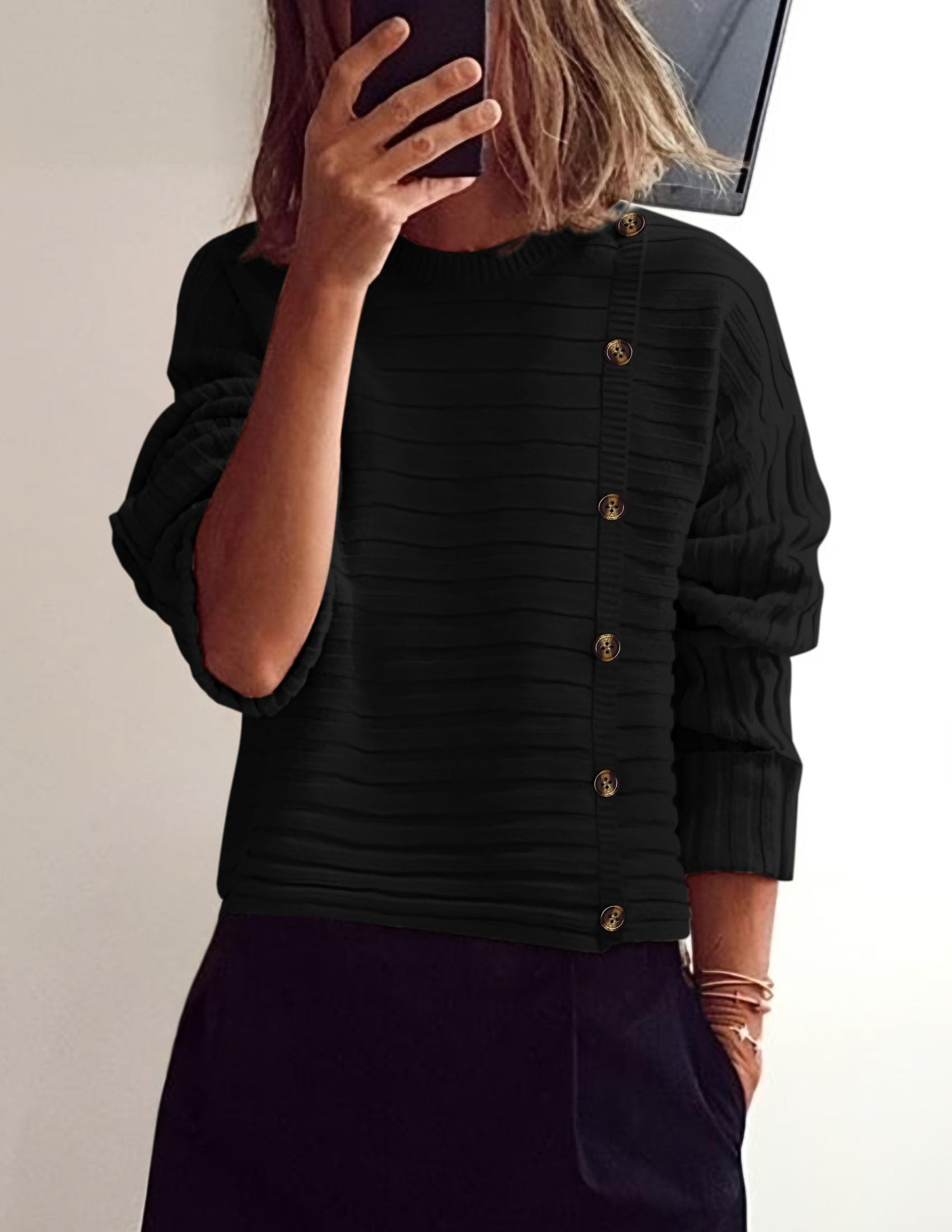 Womens Asymmetric Button Long Sleeve Sweater,Black,S
