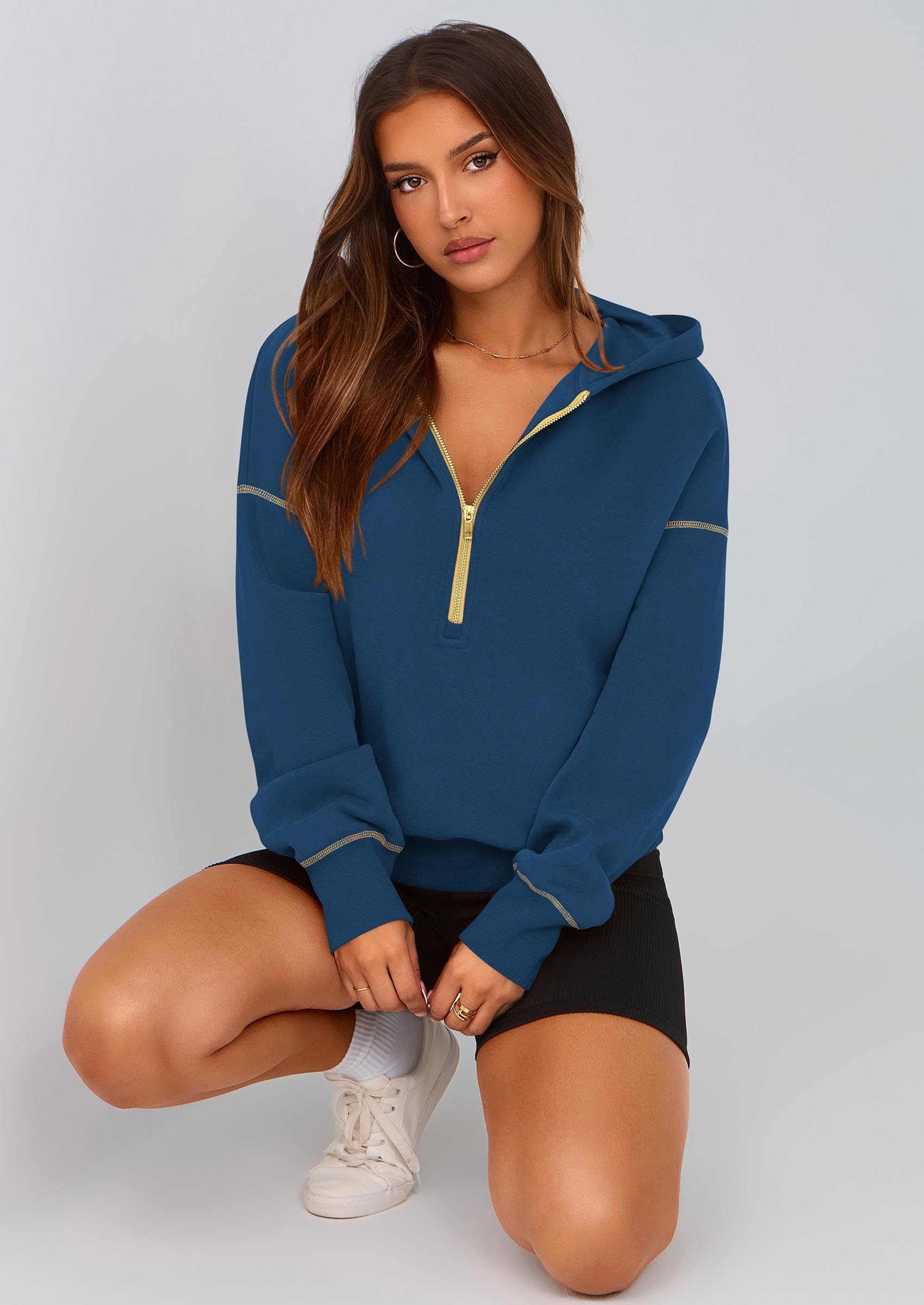 Women's Fall Half Zip Cropped Hoodie Sweatshirt Dark Blue