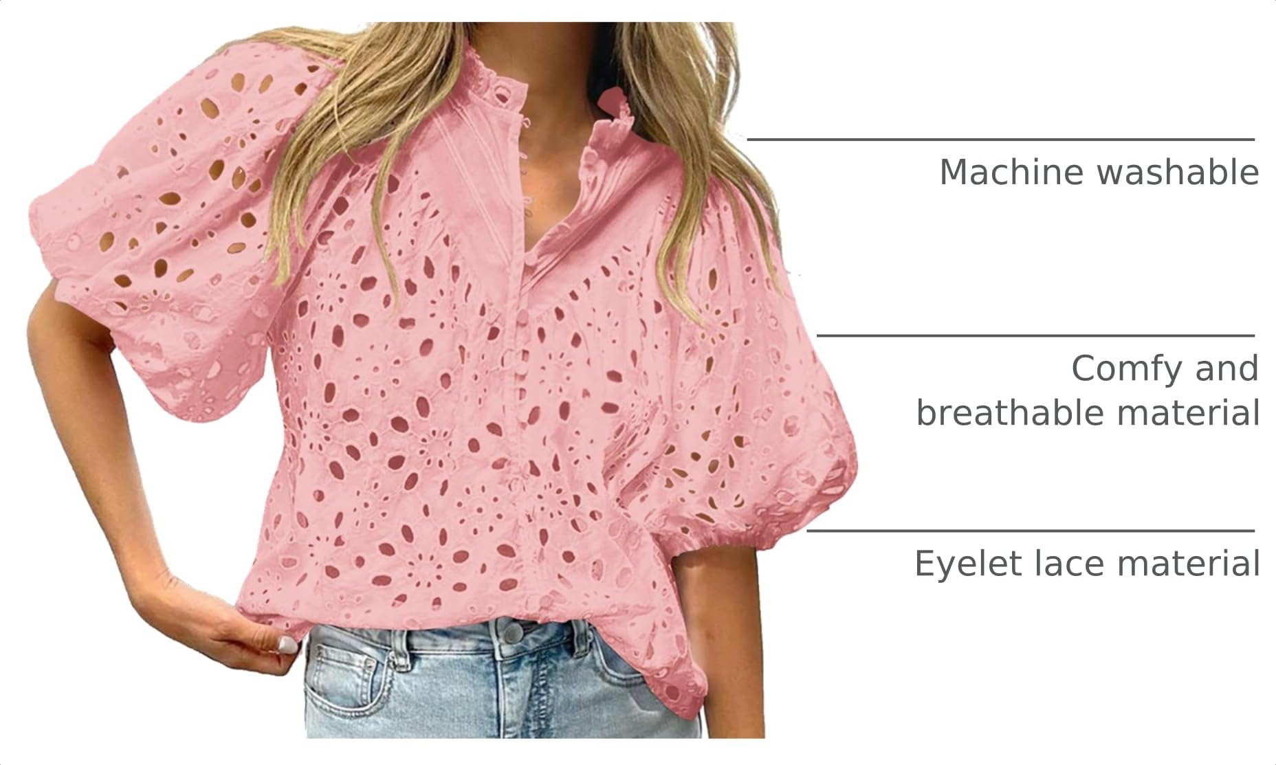 Womens Tops Boho Eyelet Puff Sleeve Blouse, Pink,S