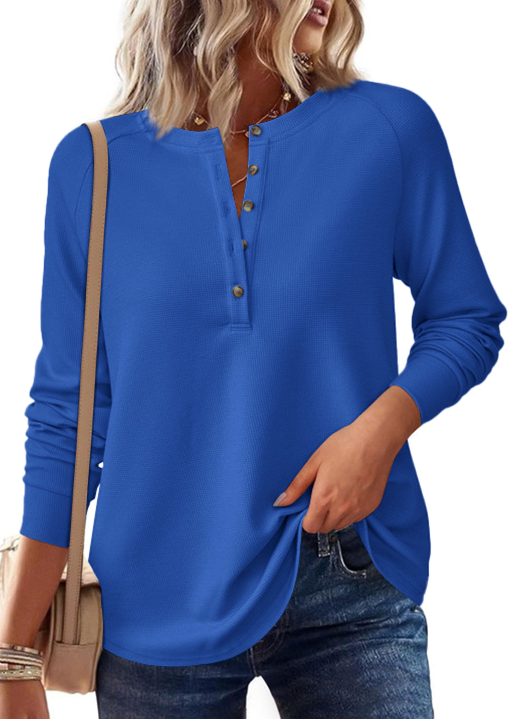 Women's Long Sleeve Waffle Knit Henley Shirts Loose Tunic Tops