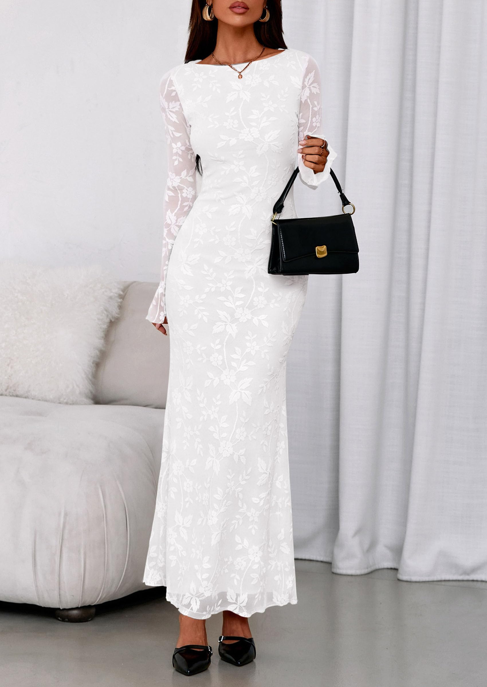 Women's Floral Bodycon Maxi Dress Wedding Guest Dresses White