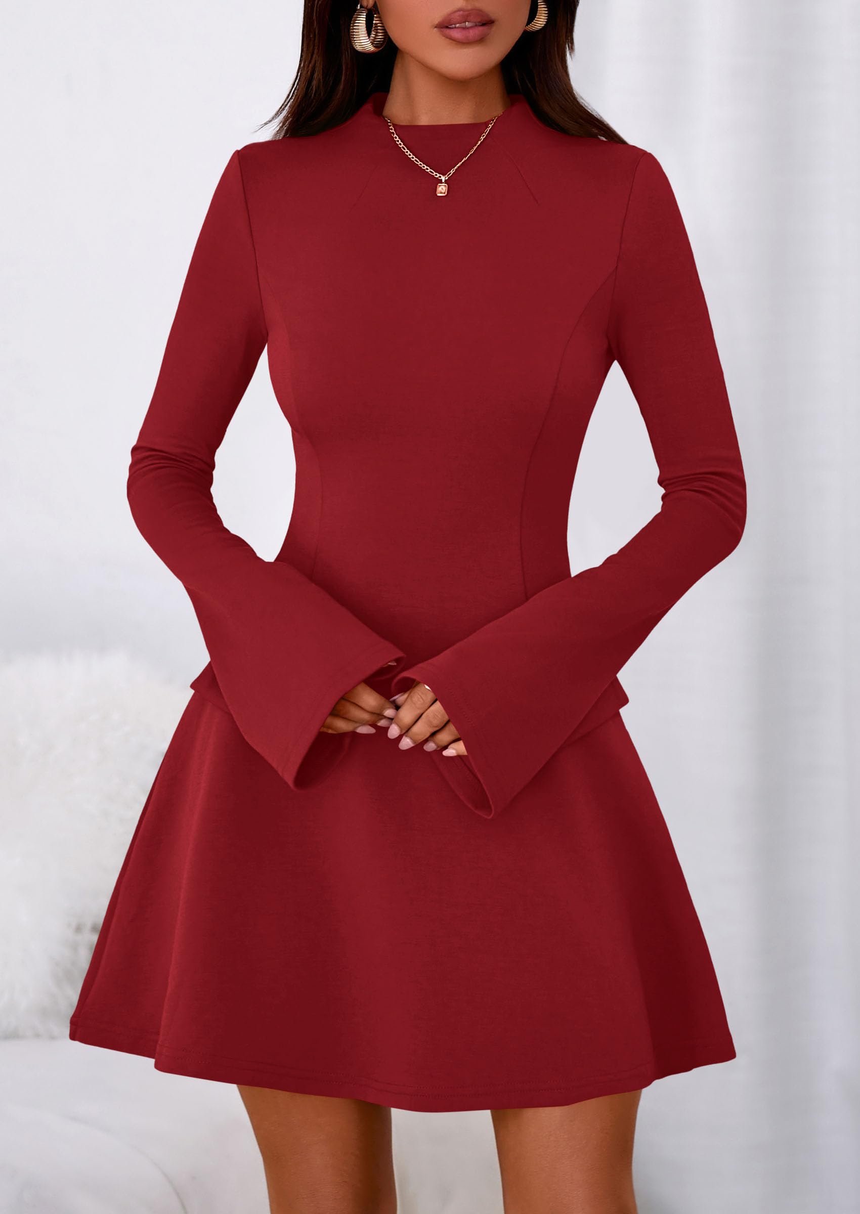 Women's Fall Bell Sleeve Short Dress,Red,XS